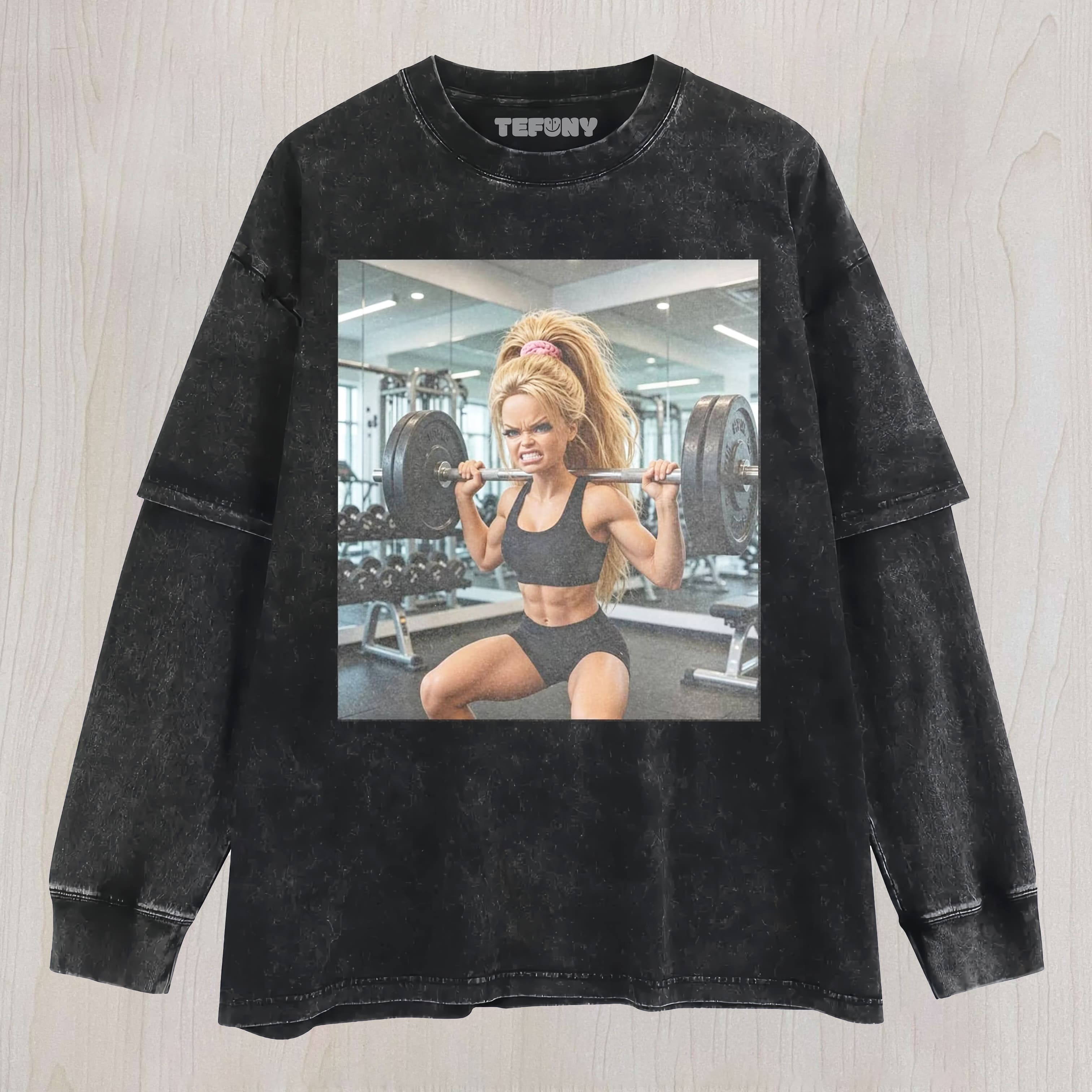 FUNNY GYM DOLL GIRL FACE MEMEV1 UNISEX TEE, TANK TOP, LAYERED LS, SWEATSHIRT & HOODIE