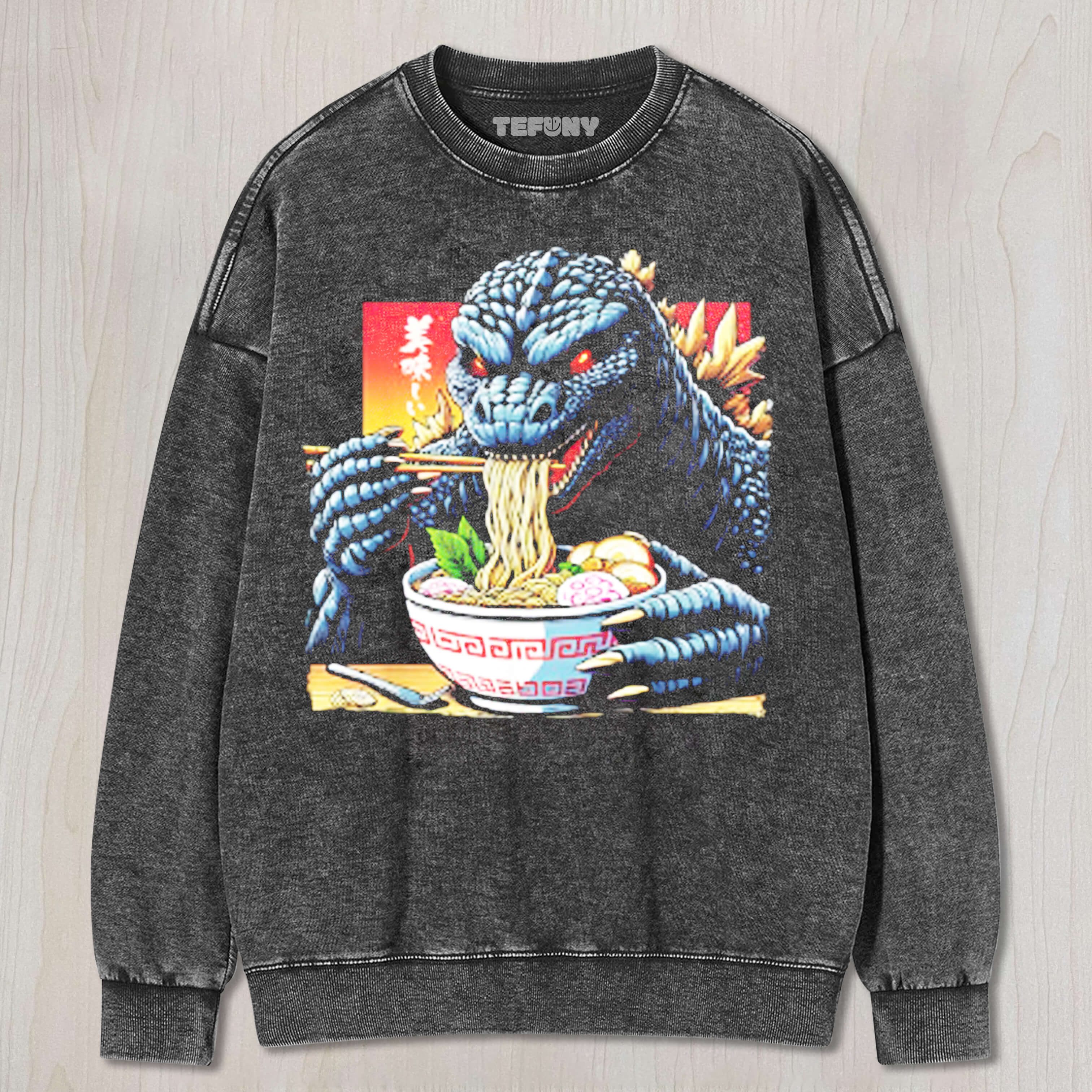 FUNNY KAIJU EATING RAMEN JAPANESE MONSTER LOVER BIRTHDAY GOZILA TEE & SWEAT & HOOD