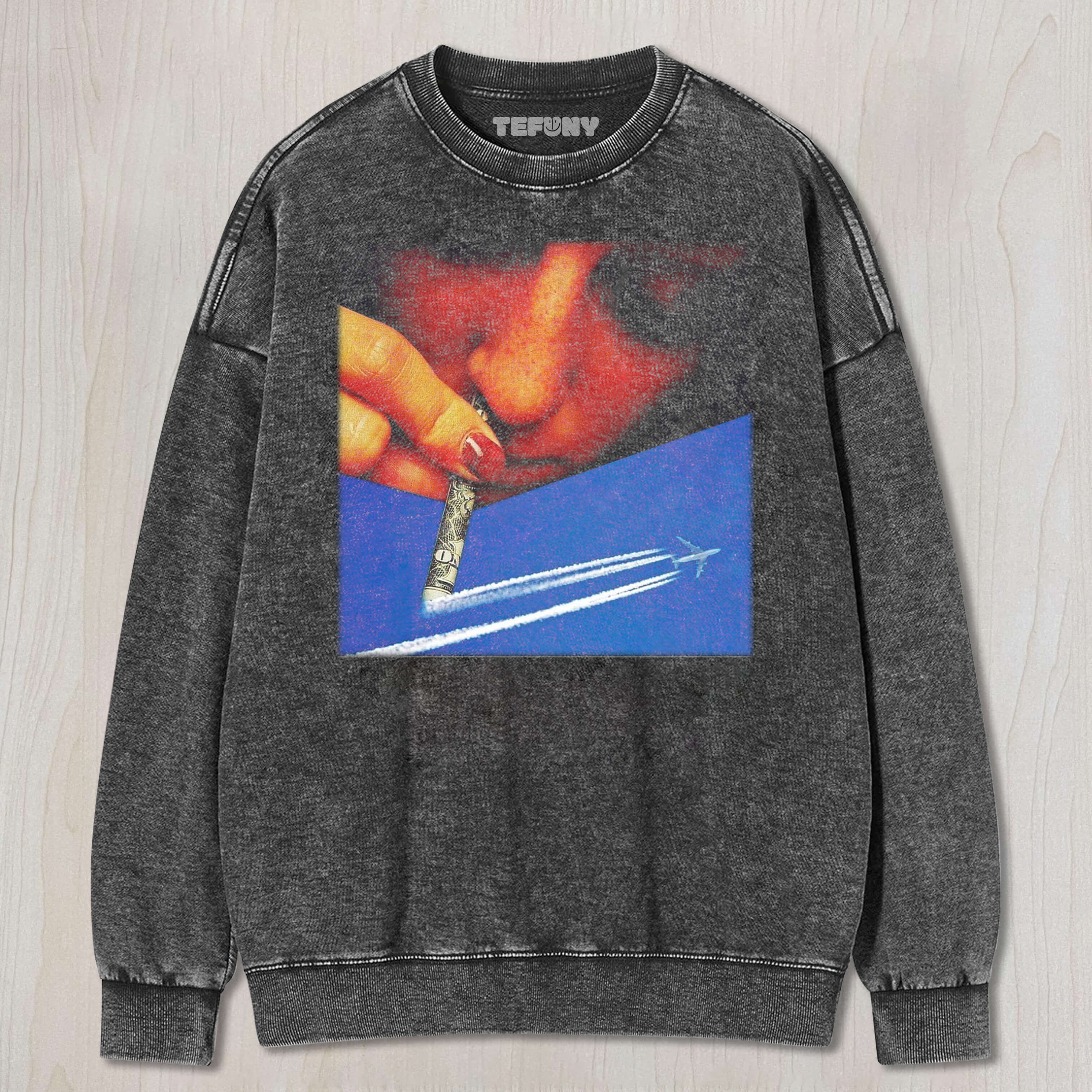 GIRL SNIFFING A JET TRAIL OF AN AIRPLANE TEE & SWEAT & HOOD