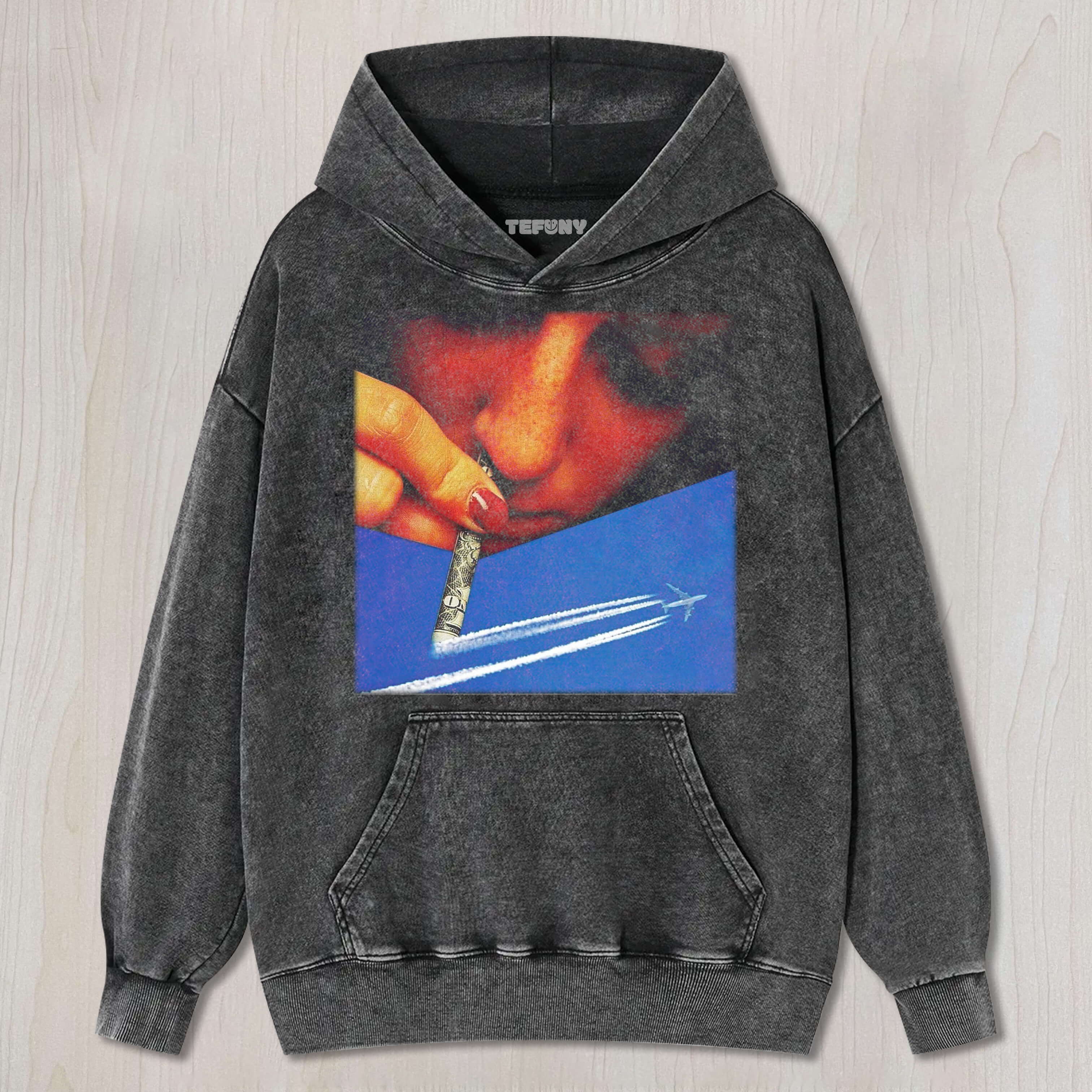 GIRL SNIFFING A JET TRAIL OF AN AIRPLANE TEE & SWEAT & HOOD