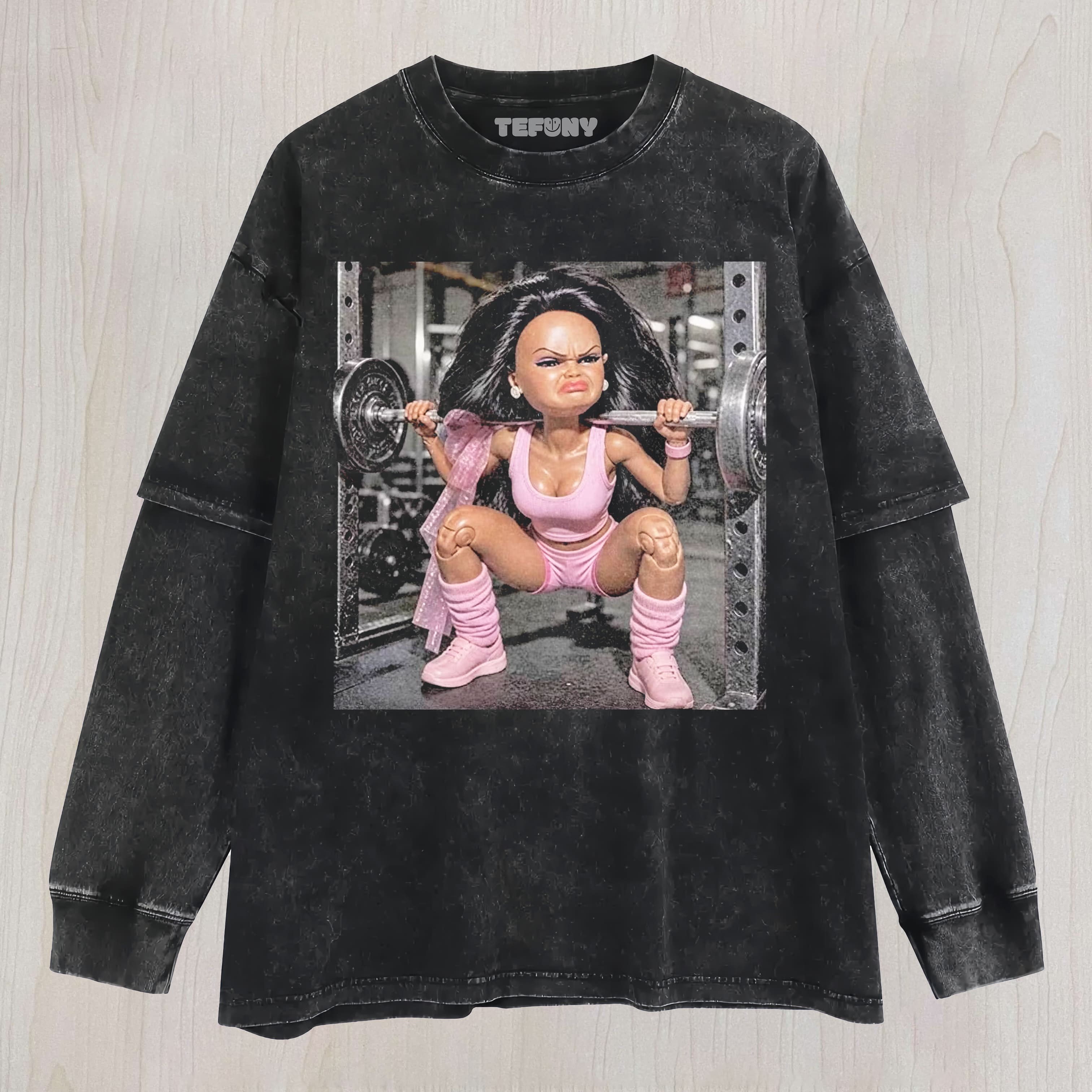 GYM DOLL GIRL FUNNY FACE MEME V11 UNISEX TEE, TANK TOP, LAYERED LS, SWEATSHIRT & HOODIE
