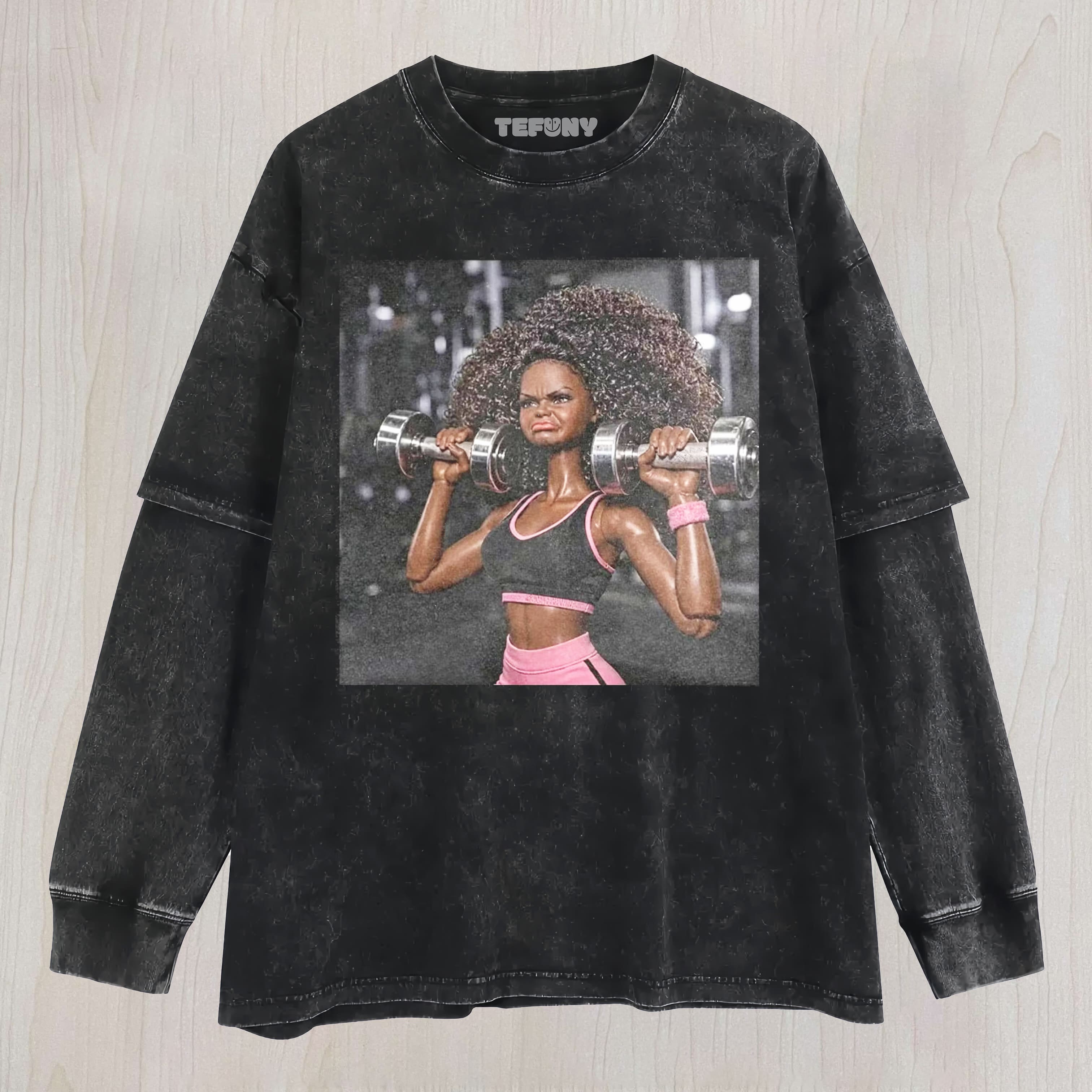 GYM DOLL GIRL FUNNY FACE MEME V13 UNISEX TEE, TANK TOP, LAYERED LS, SWEATSHIRT & HOODIE