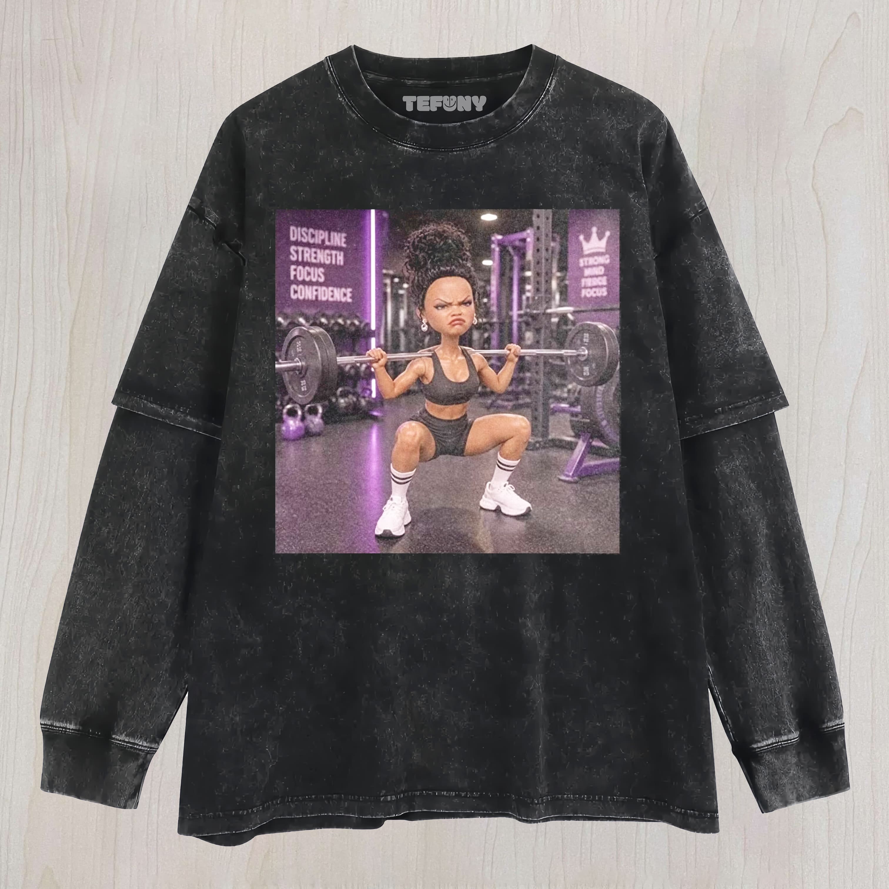 GYM DOLL GIRL FUNNY FACE MEME V16 UNISEX TEE, TANK TOP, LAYERED LS, SWEATSHIRT & HOODIE