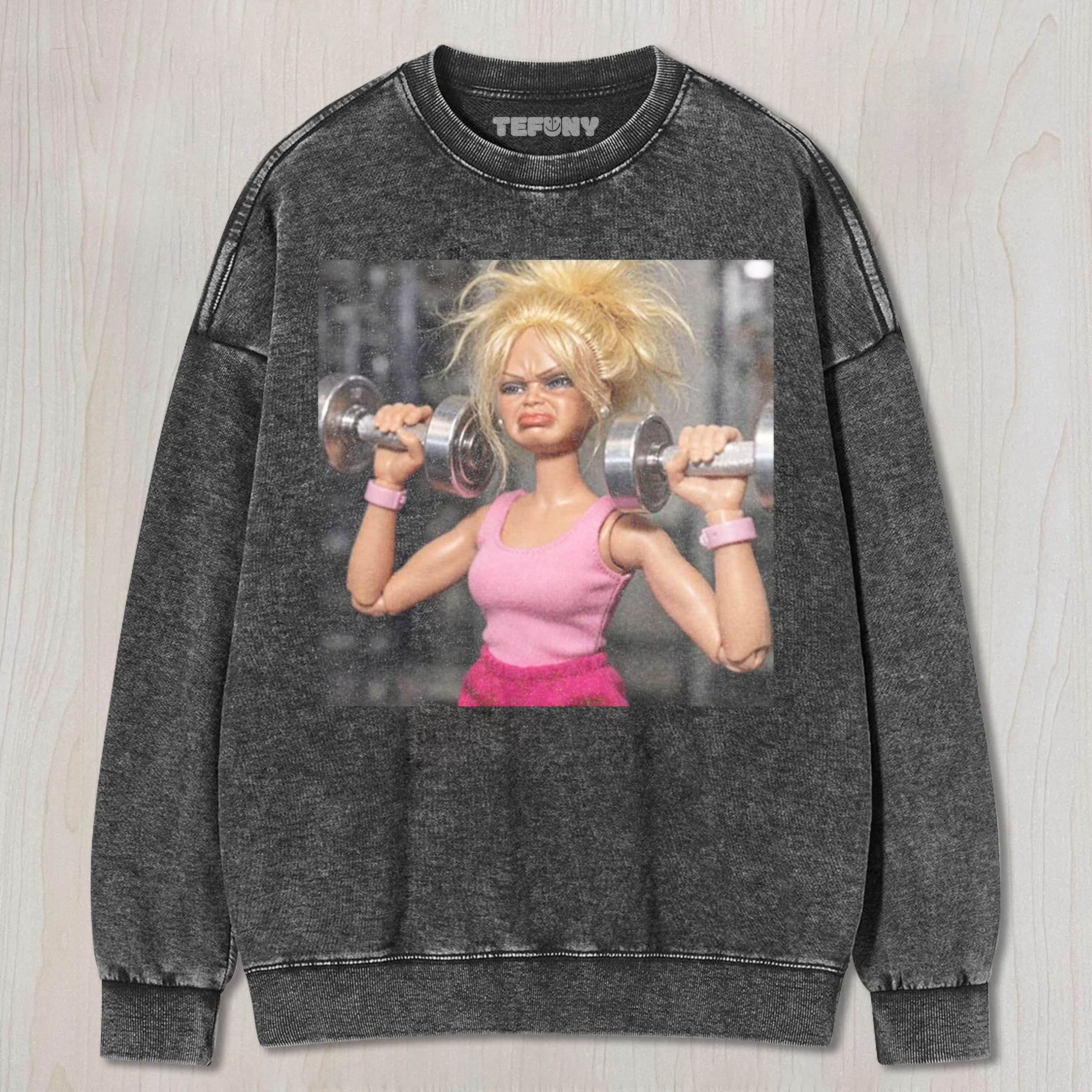 GYM DOLL GIRL FUNNY FACE MEME UNISEX TEE, TANK TOP, LAYERED LS, SWEATSHIRT & HOODIE