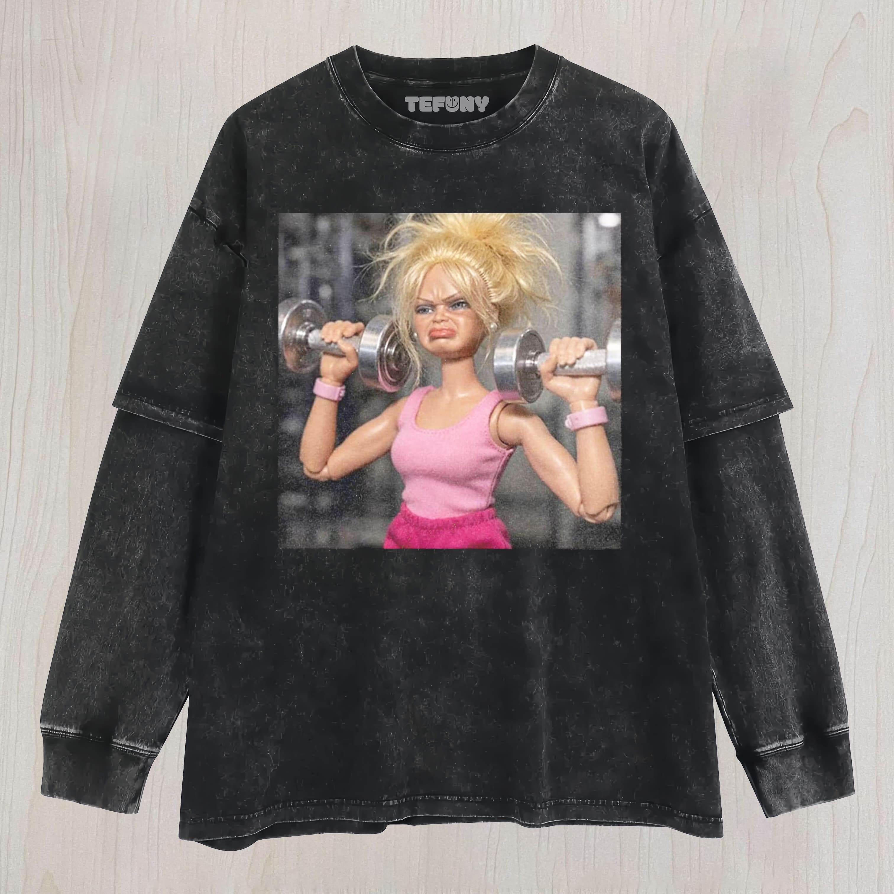GYM DOLL GIRL FUNNY FACE MEME UNISEX TEE, TANK TOP, LAYERED LS, SWEATSHIRT & HOODIE
