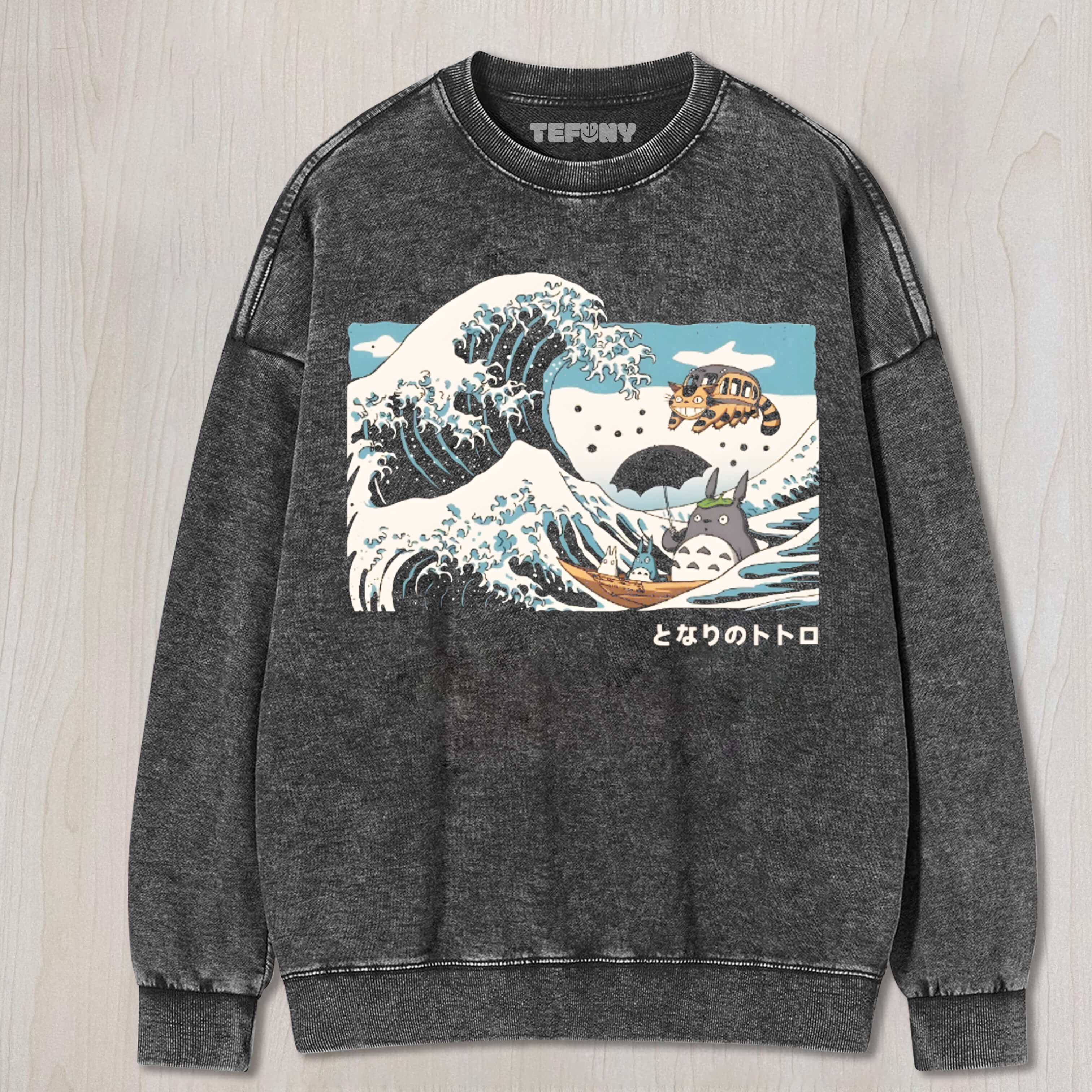 GHIBLI TOTORO CAT ANIME UKIYOE WAVE VINTAGE WASHED TEE & SWEAT & HOOD