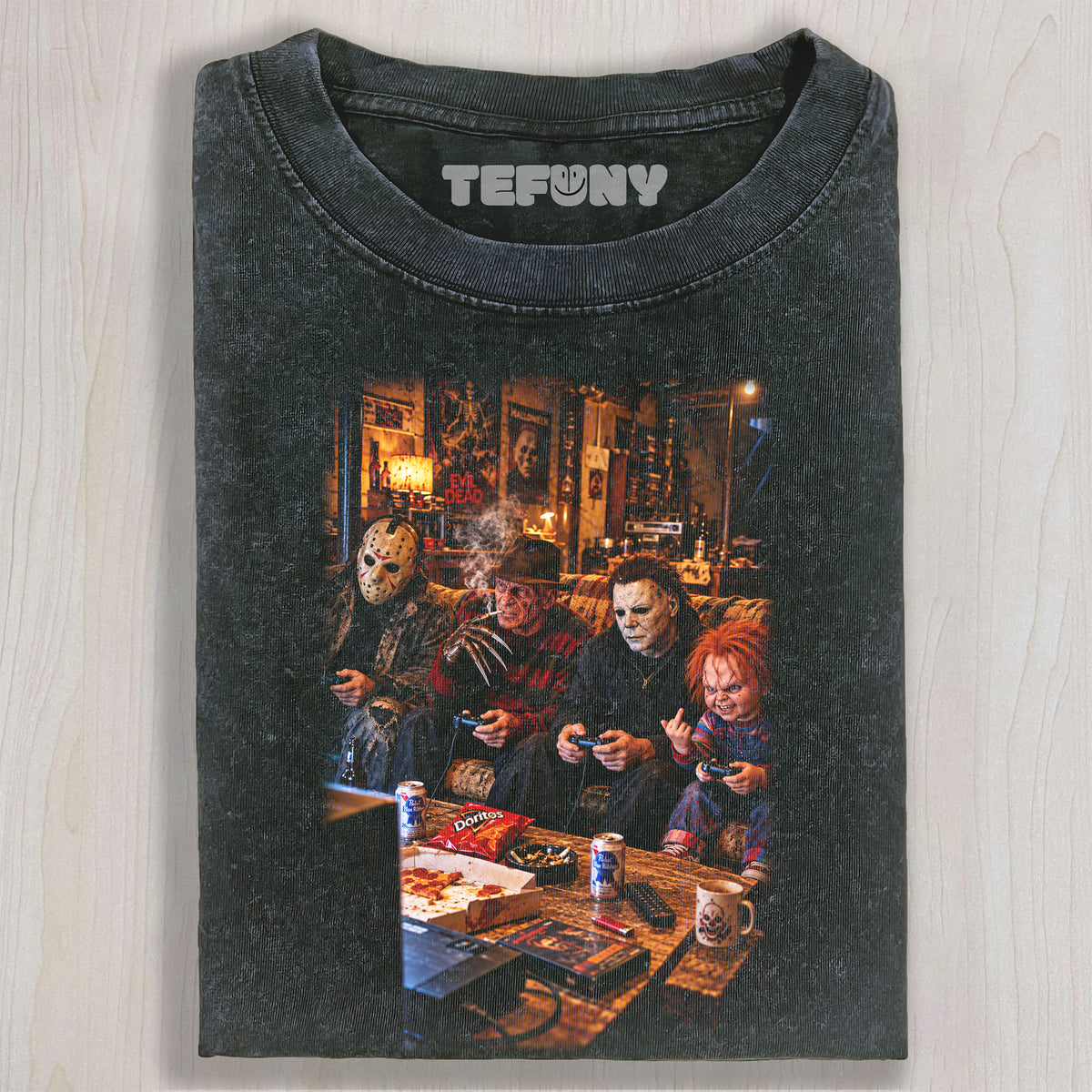 HORROR CHARACTERS PLAYING GAMES UNISEX TEE, TANK TOP, LAYERED LS, SWEATSHIRT & HOODIE