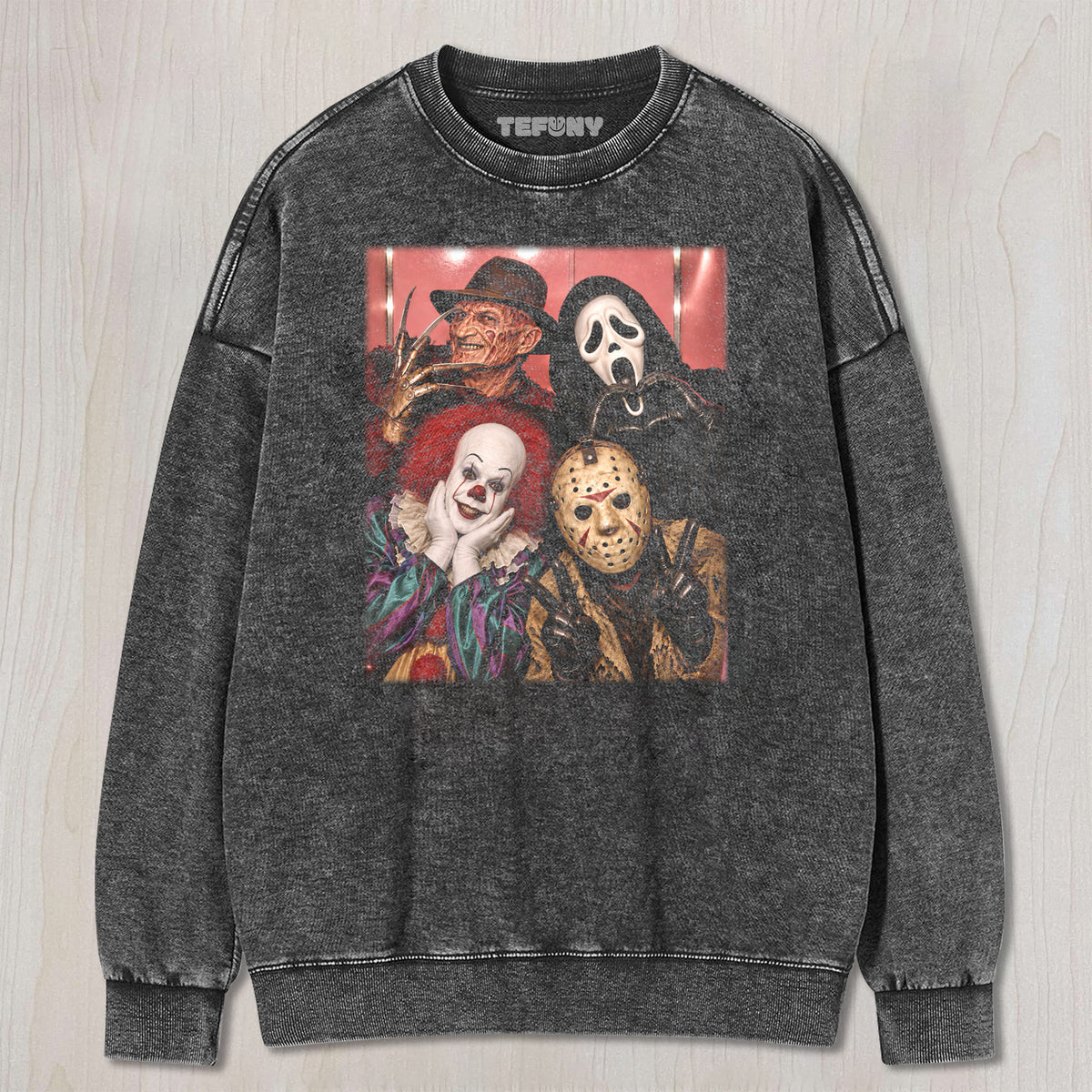 HORROR MOVIE CHARACTERS GROUP PHOTO V5 UNISEX TEE, TANK TOP, LAYERED LS, SWEATSHIRT & HOODIE