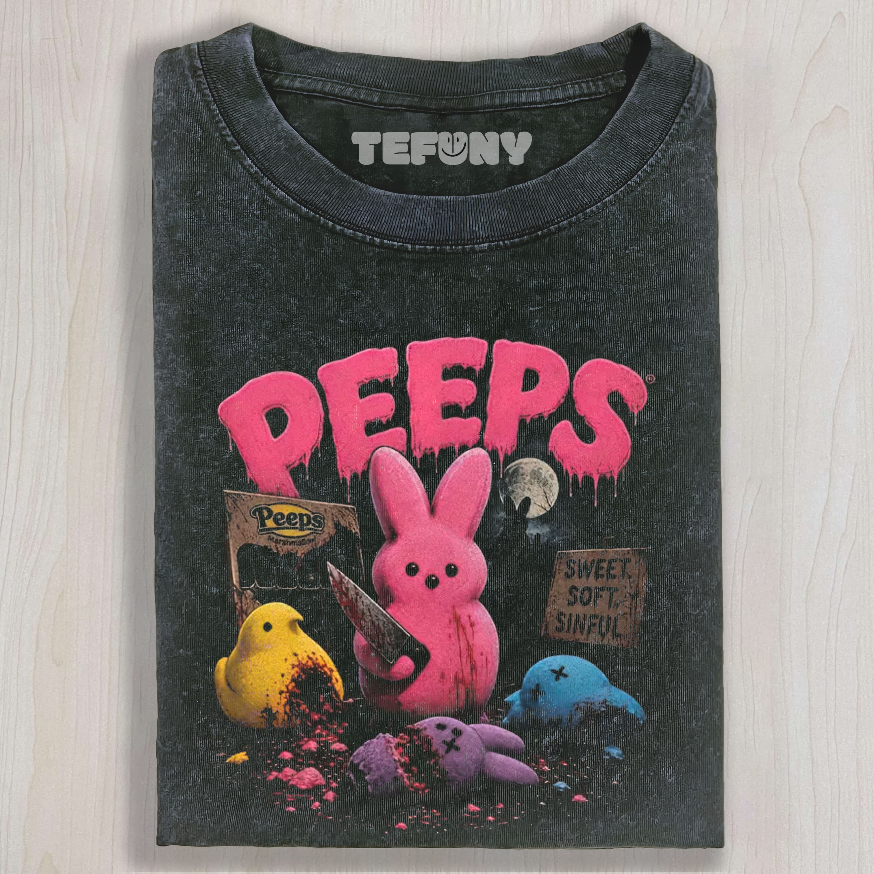 HORROR BUNNY CANDY GRAPHIC VINTAGE WASHED UNISEX TEE, TANK TOP, LAYERED LS, SWEATSHIRT & HOODIE