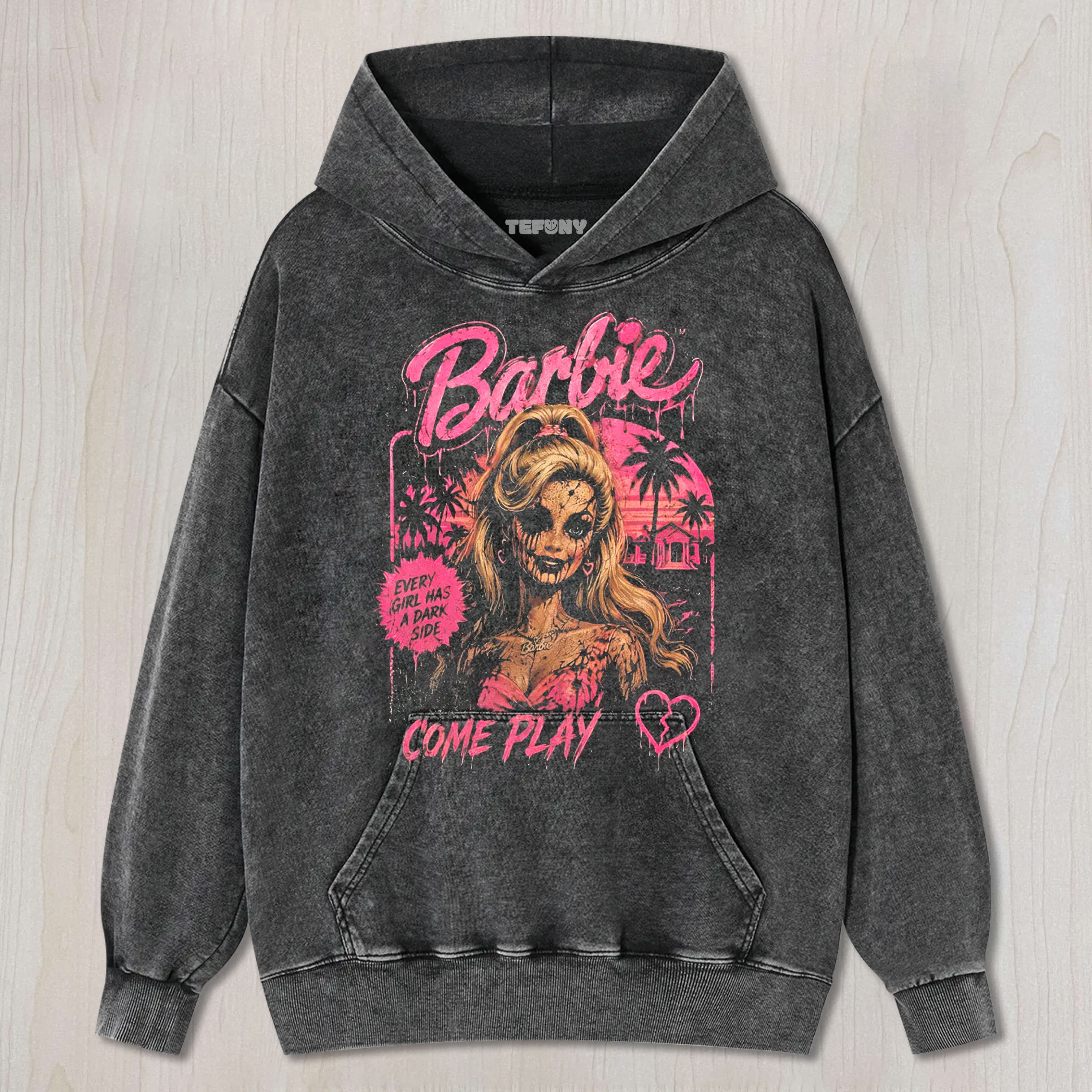 HORROR PINK DOLL GRAPHIC VINTAGE WASHED UNISEX TEE, TANK TOP, LAYERED LS, SWEATSHIRT & HOODIE