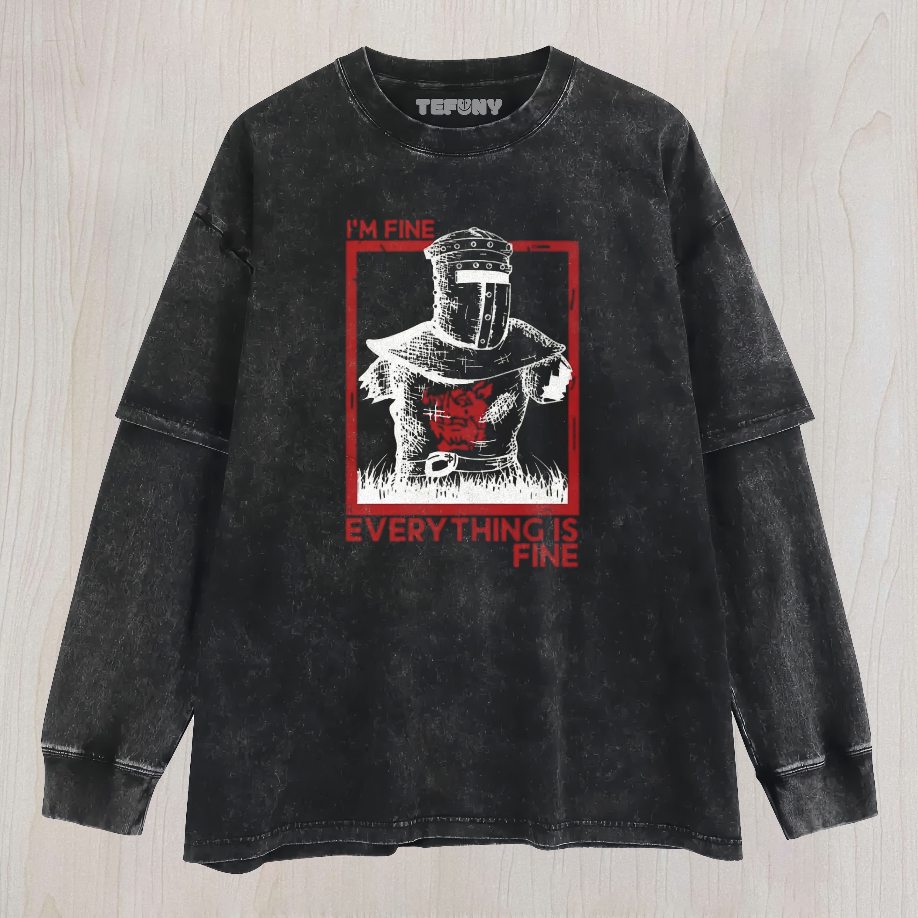 I'M FINE EVERYTHING IS FINE HEADLESS KNIGHT FUNNY VINTAGE UNISEX TEE, TANK TOP, LAYERED LS, SWEATSHIRT & HOODIE