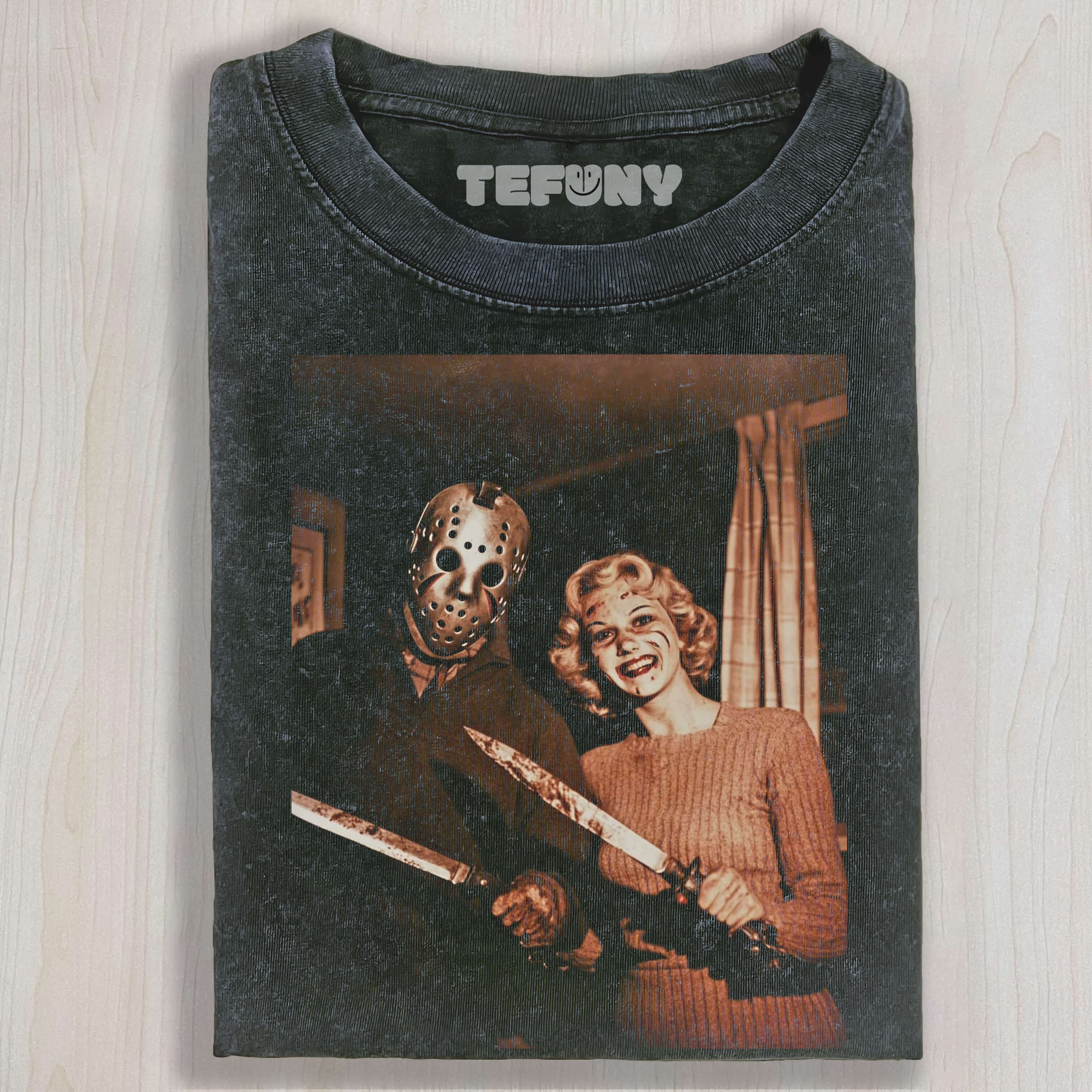JASON VOORHEES TAKES A PHOTO WITH A WOMAN T-SHIRT