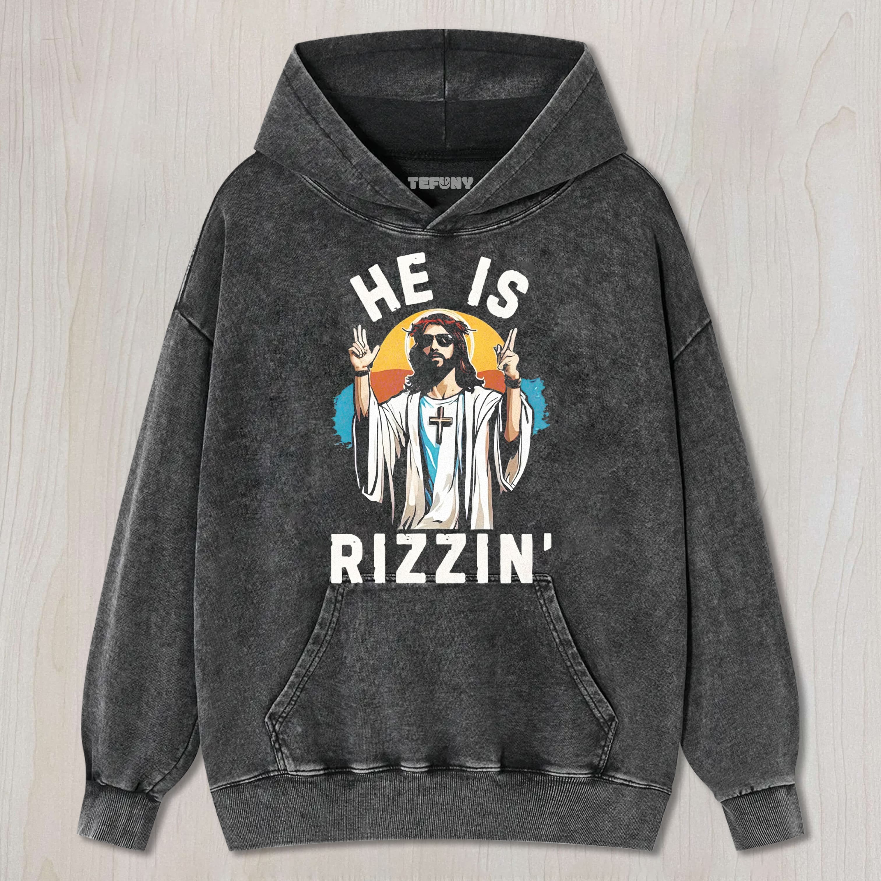 JESUS SUNGLASSES HE IS RIZZIN' CONTRAST GRAPHIC WASHED UNISEX TEE, TANK TOP, LAYERED LS, SWEATSHIRT & HOODIE