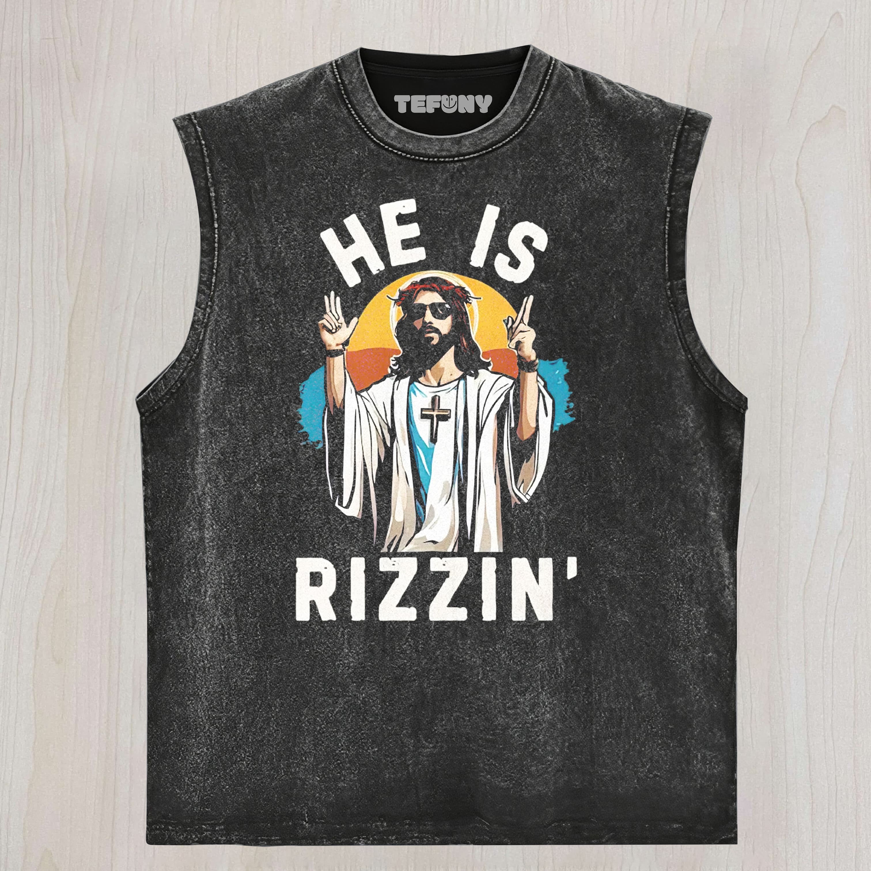 JESUS SUNGLASSES HE IS RIZZIN' CONTRAST GRAPHIC WASHED UNISEX TEE, TANK TOP, LAYERED LS, SWEATSHIRT & HOODIE
