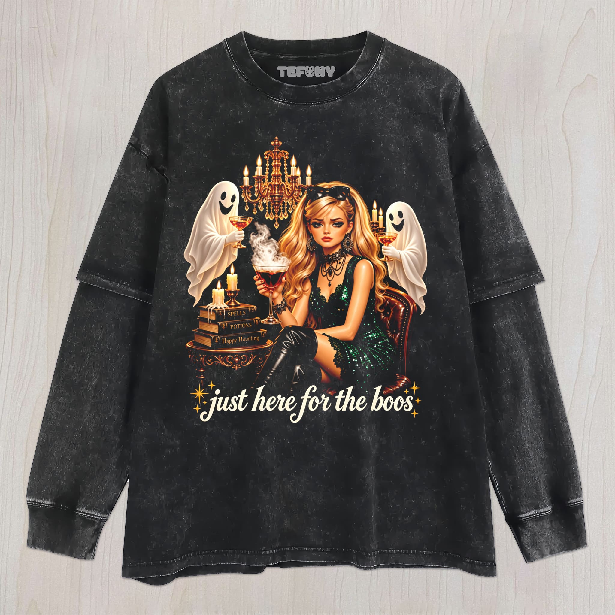 JUST HERE FOR THE BOOS GLAM UNISEX TEE, TANK TOP, LAYERED LS, SWEATSHIRT & HOODIE