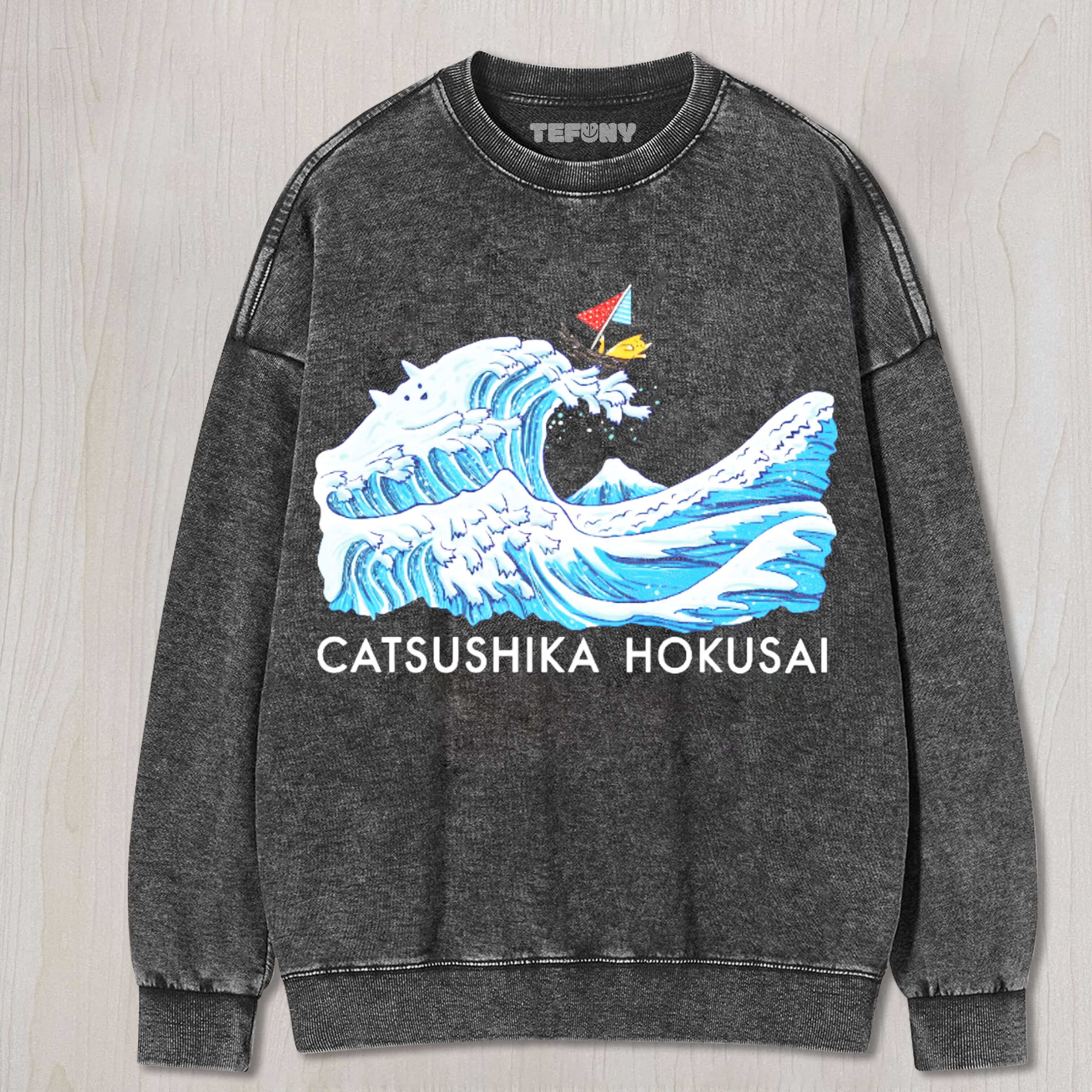 KATSUSHIKA HOKUSAI CAT WAVE VINTAGE WASHED COTTON BACK ART TEE & SWEAT & HOOD