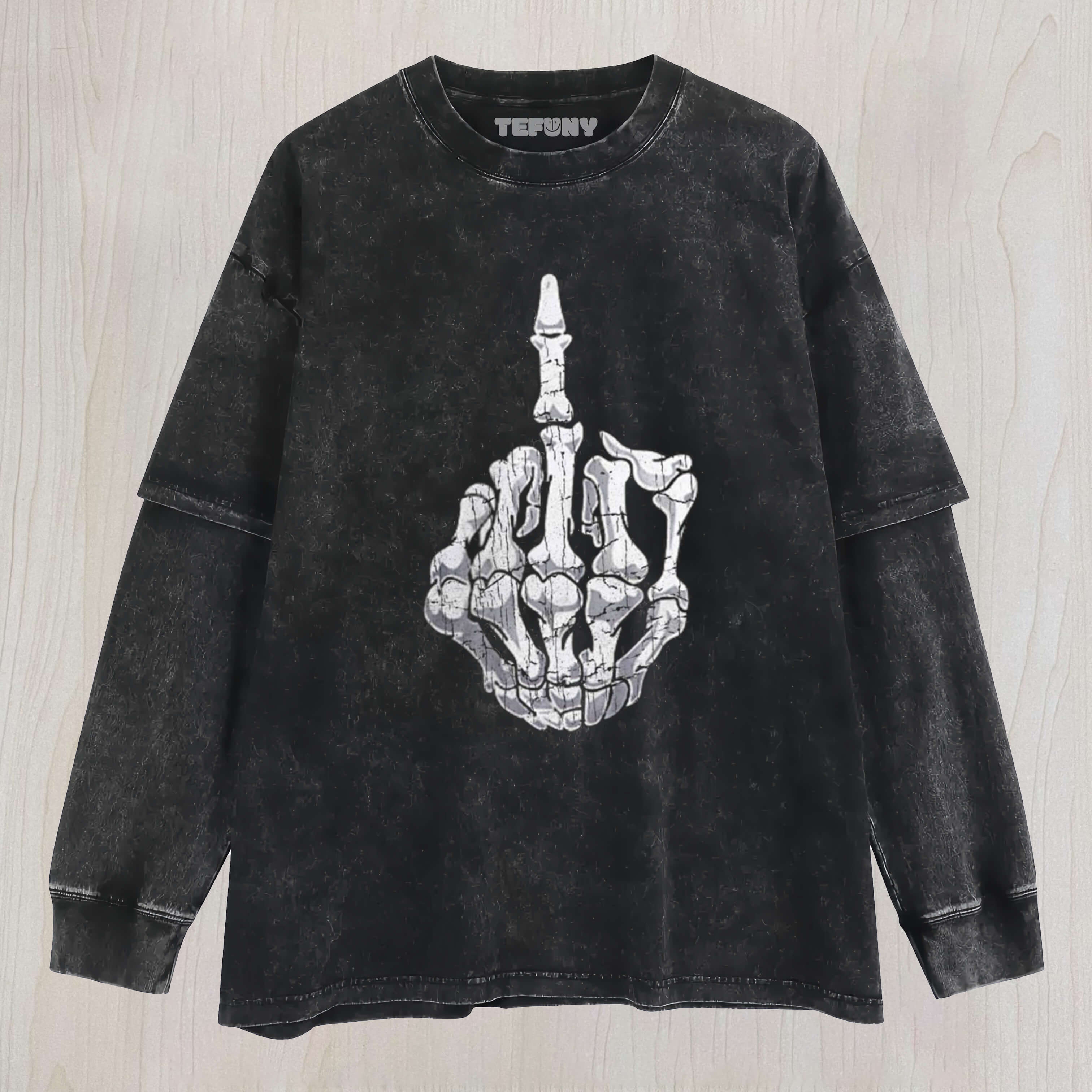 MIDDLE FINGER SKELETON LAYERED LONG SLEEVE