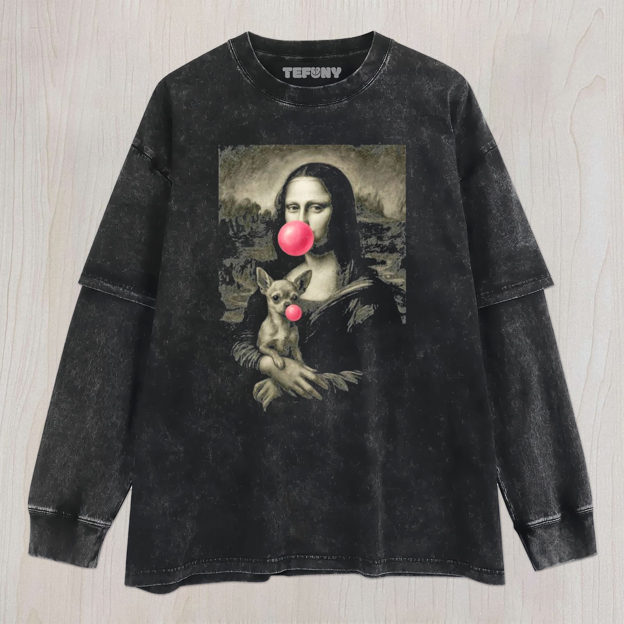 MONA LISA BLOWING BUBBLES UNISEX TEE, TANK TOP, LAYERED LS, SWEATSHIRT & HOODIE