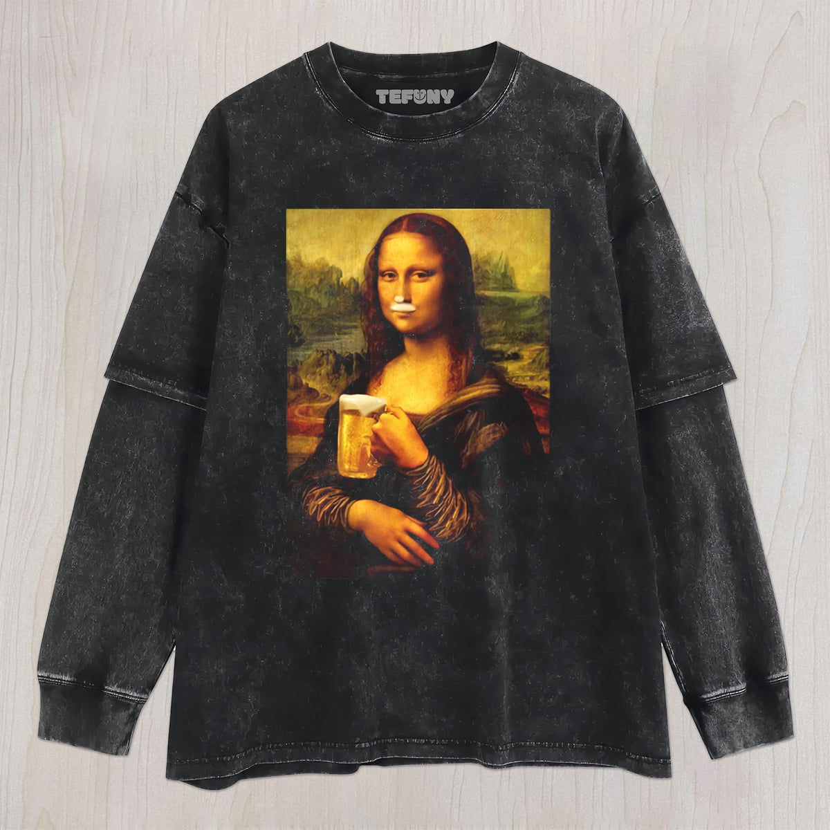 MONA LISA HOLDING A DRINK UNISEX TEE, TANK TOP, LAYERED LS, SWEATSHIRT & HOODIE