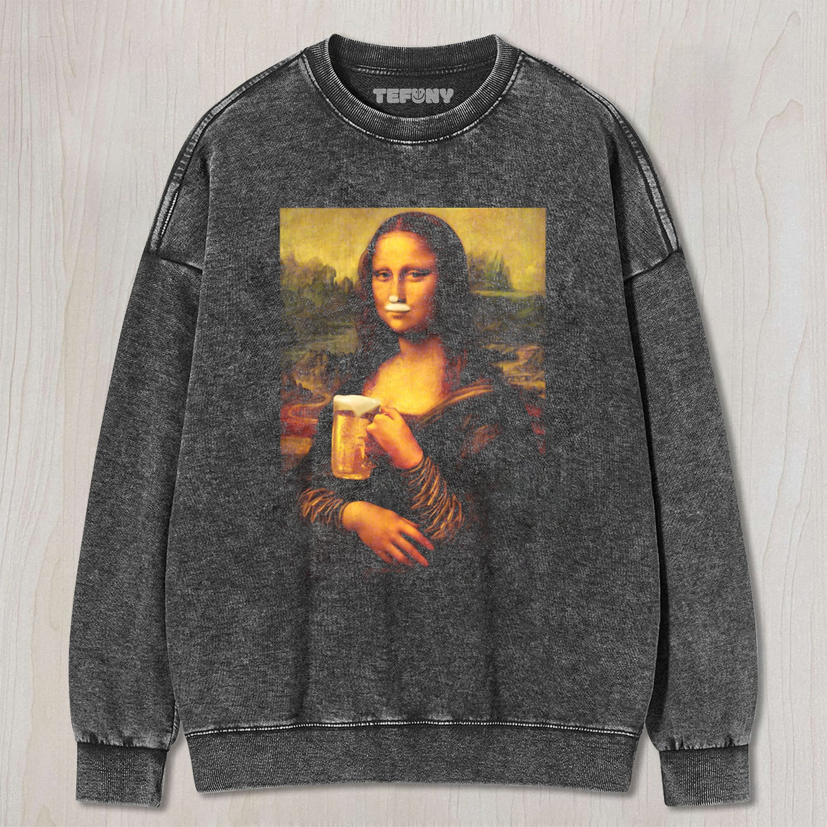 MONA LISA HOLDING A DRINK UNISEX TEE, TANK TOP, LAYERED LS, SWEATSHIRT & HOODIE