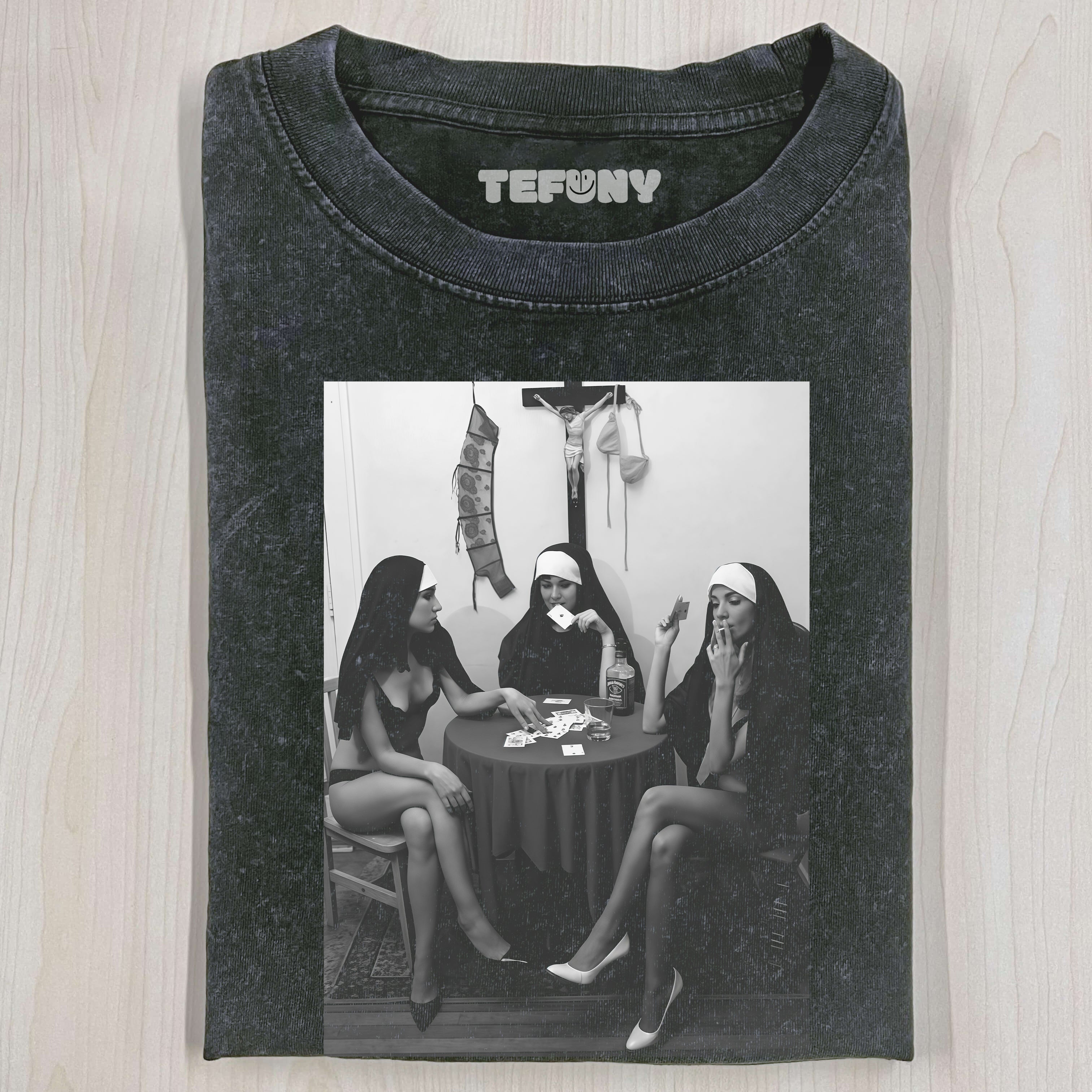 NUNS NAKED PLAYING CARDS SMOKING NUN T-SHIRT