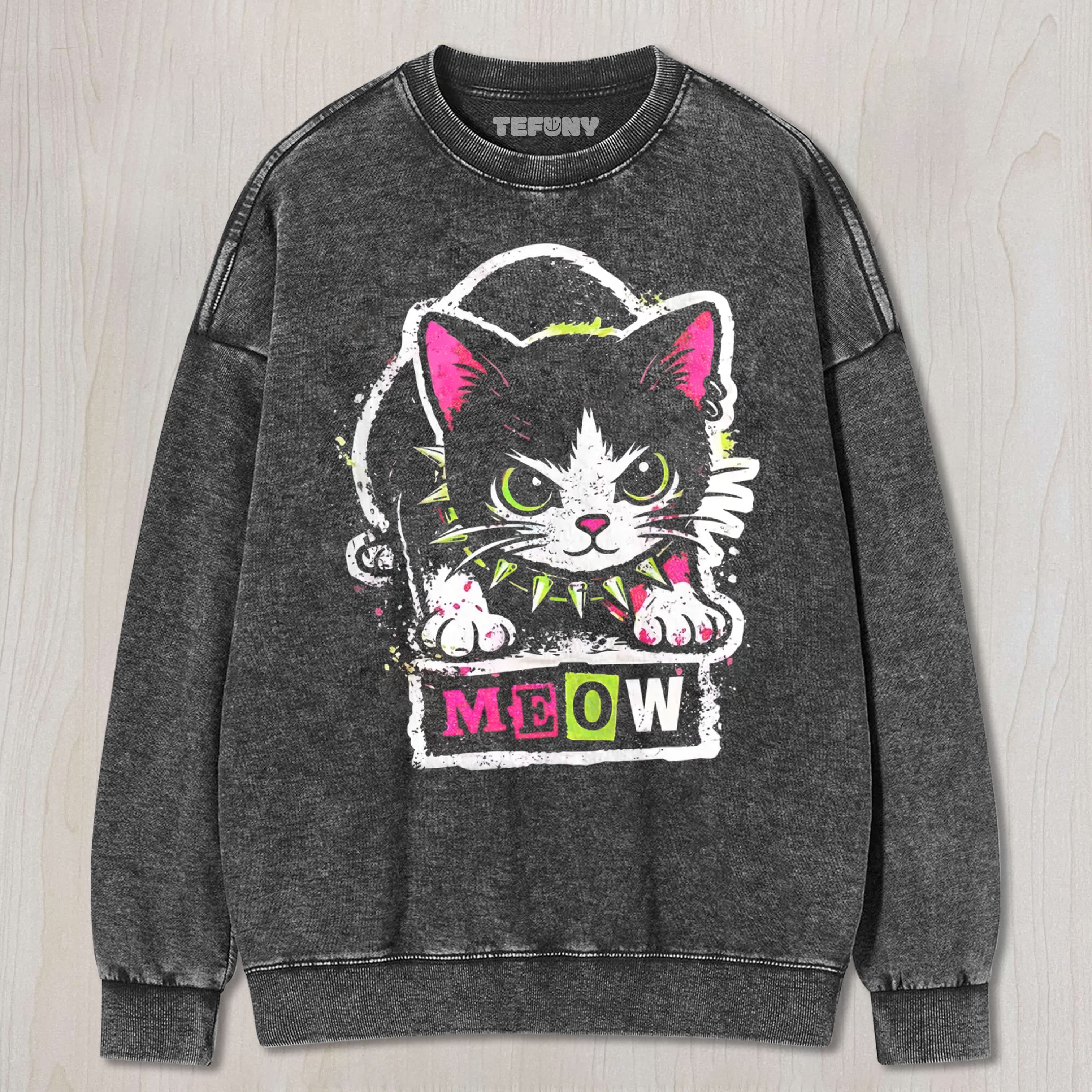 PUNK ROCK CAT MEOW GRAPHIC COTTON UNISEX TEE, TANK TOP, LAYERED LS, SWEATSHIRT & HOODIE