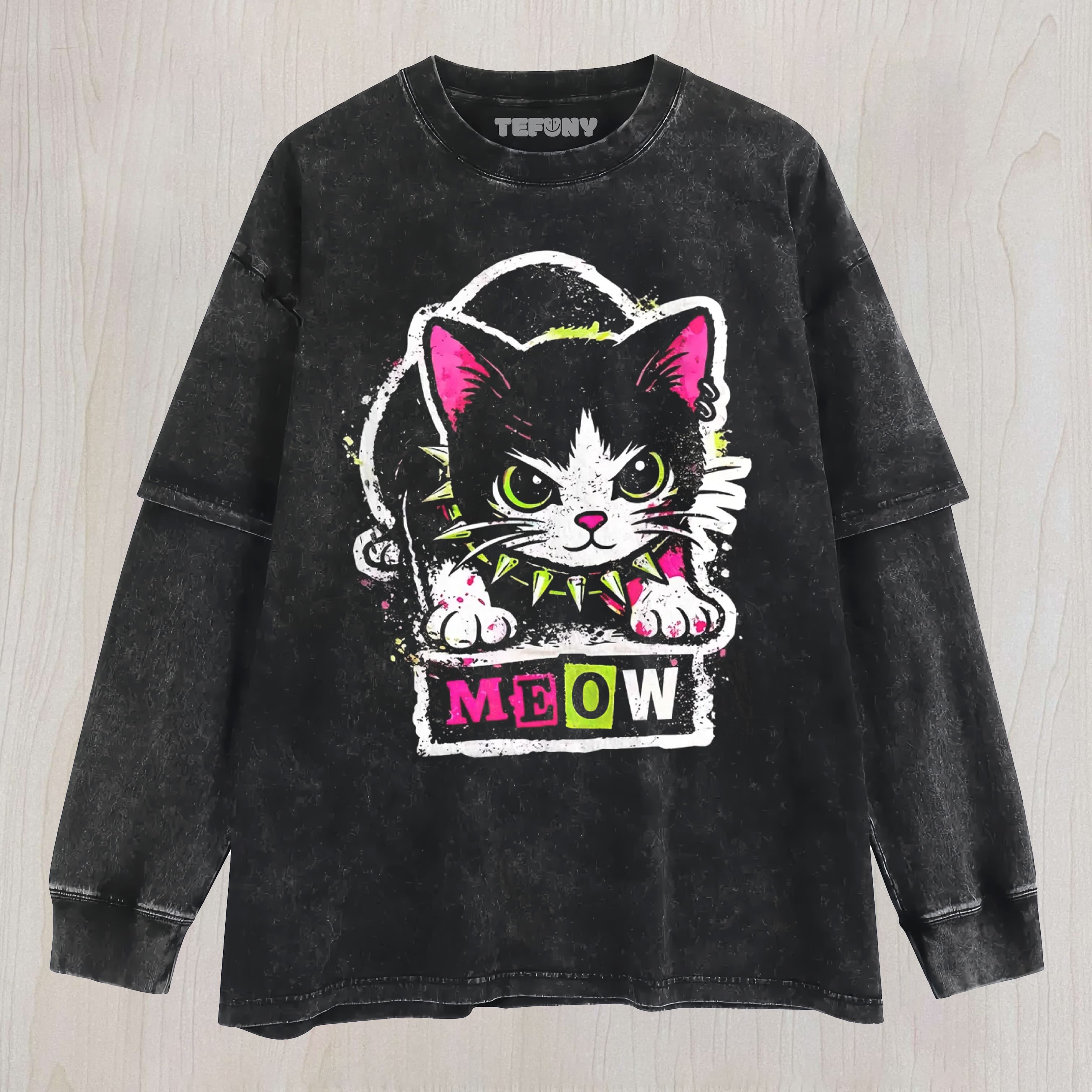 PUNK ROCK CAT MEOW GRAPHIC COTTON UNISEX TEE, TANK TOP, LAYERED LS, SWEATSHIRT & HOODIE
