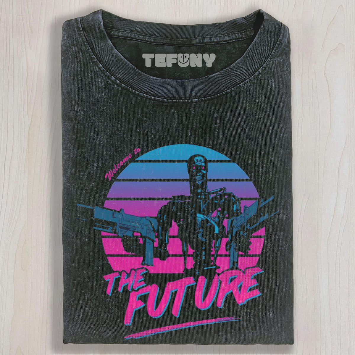 RETRO SYNTHWAVE ROBOTIC SKELETON GUN MOTIF FUTURE UNISEX TEE, TANK TOP, LAYERED LS, SWEATSHIRT & HOODIE