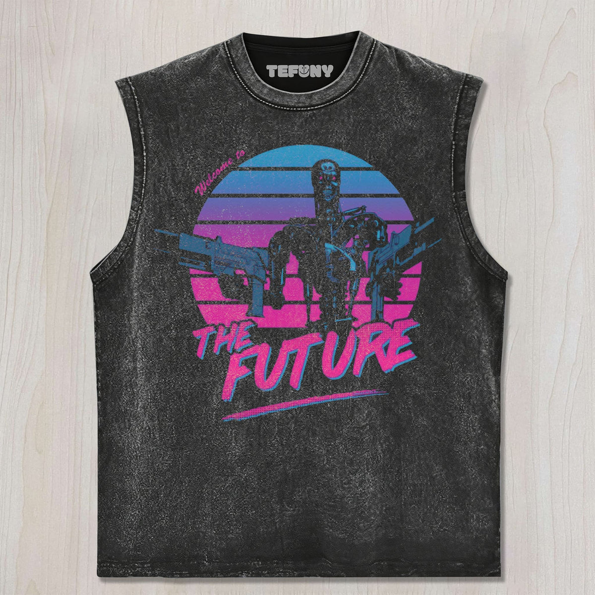 RETRO SYNTHWAVE ROBOTIC SKELETON GUN MOTIF FUTURE UNISEX TEE, TANK TOP, LAYERED LS, SWEATSHIRT & HOODIE