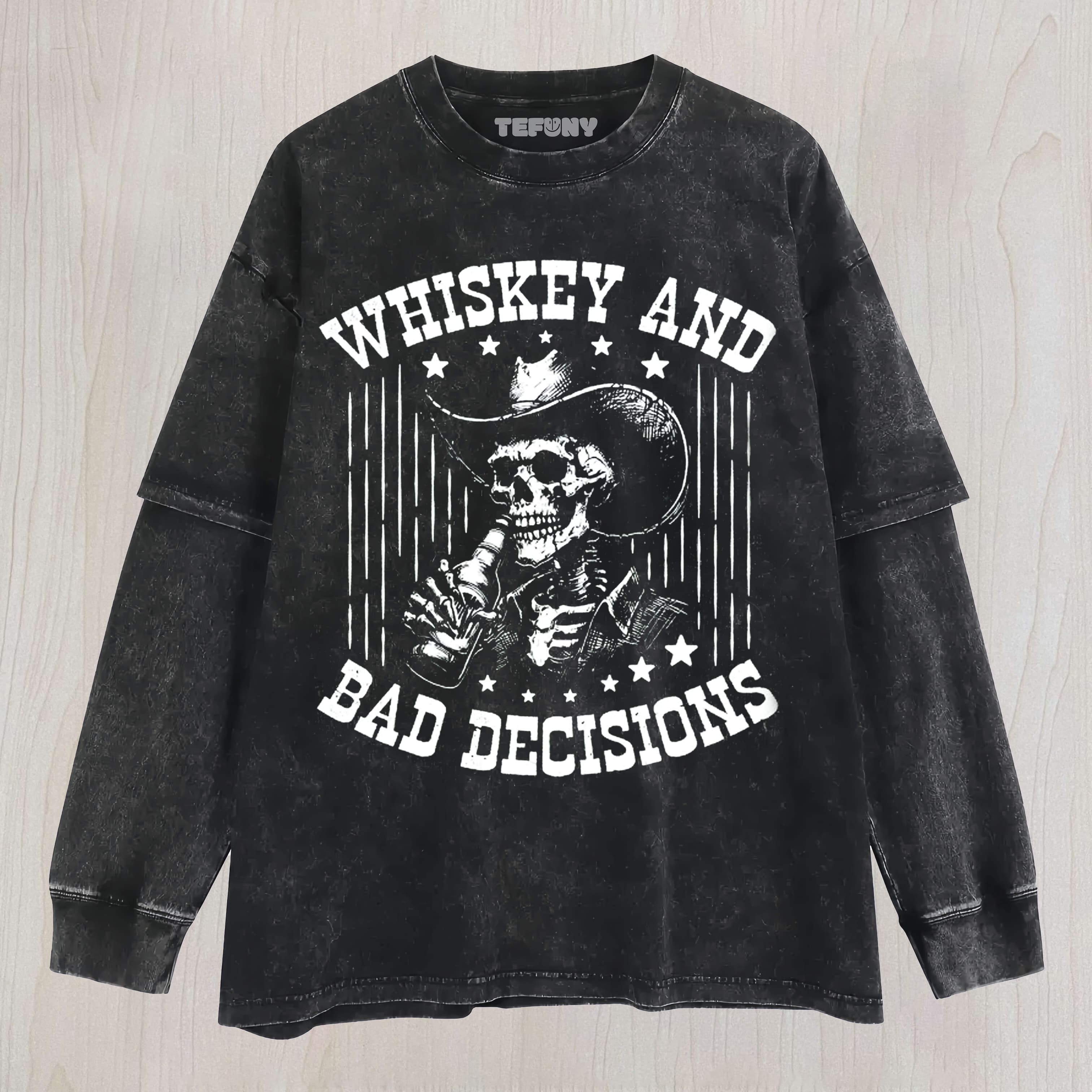 RETRO FUNNY SKULL WHISKEY AND BAD DECISIONS9OS T UNISEX TEE, TANK TOP, LAYERED LS, SWEATSHIRT & HOODIE