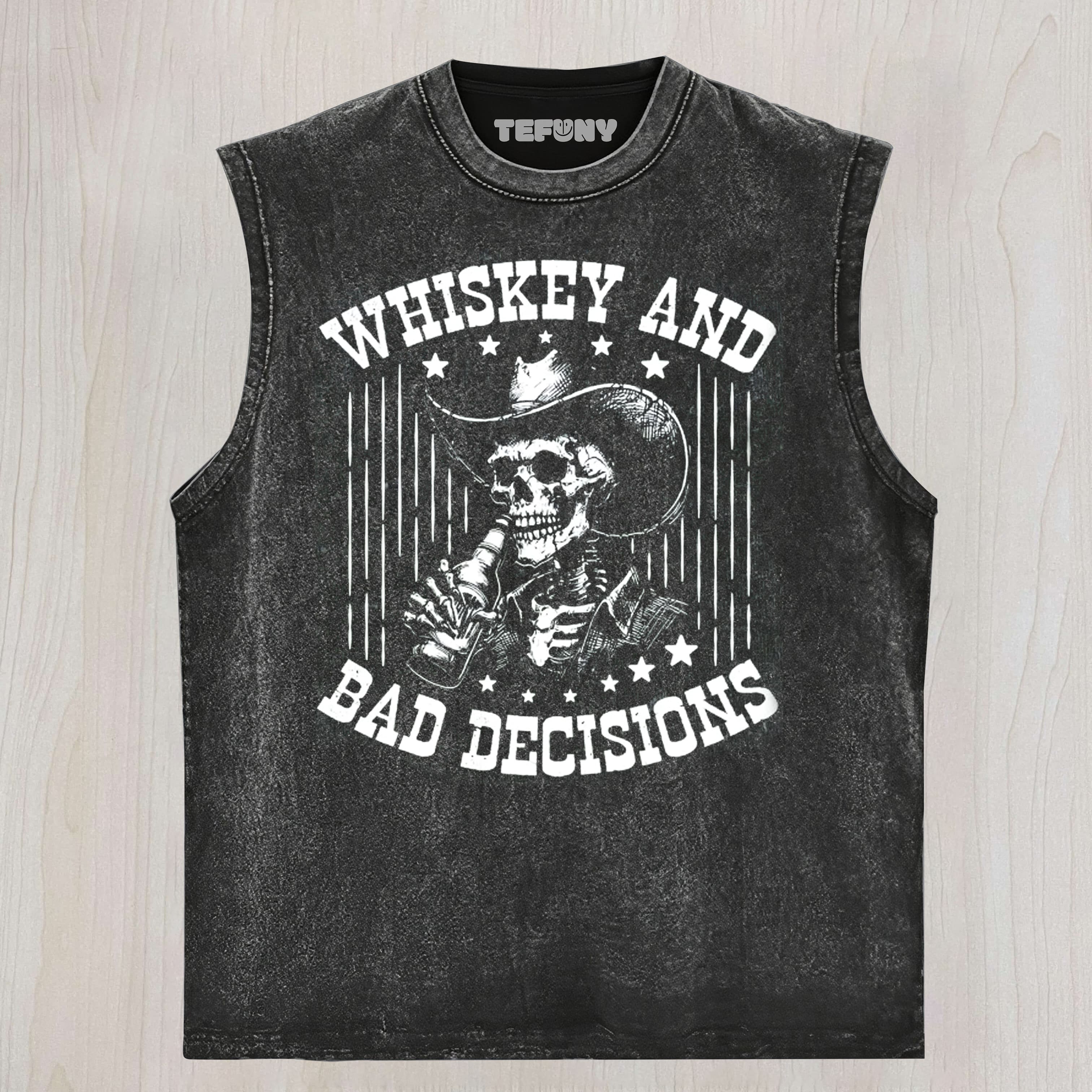 RETRO FUNNY SKULL WHISKEY AND BAD DECISIONS9OS T UNISEX TEE, TANK TOP, LAYERED LS, SWEATSHIRT & HOODIE
