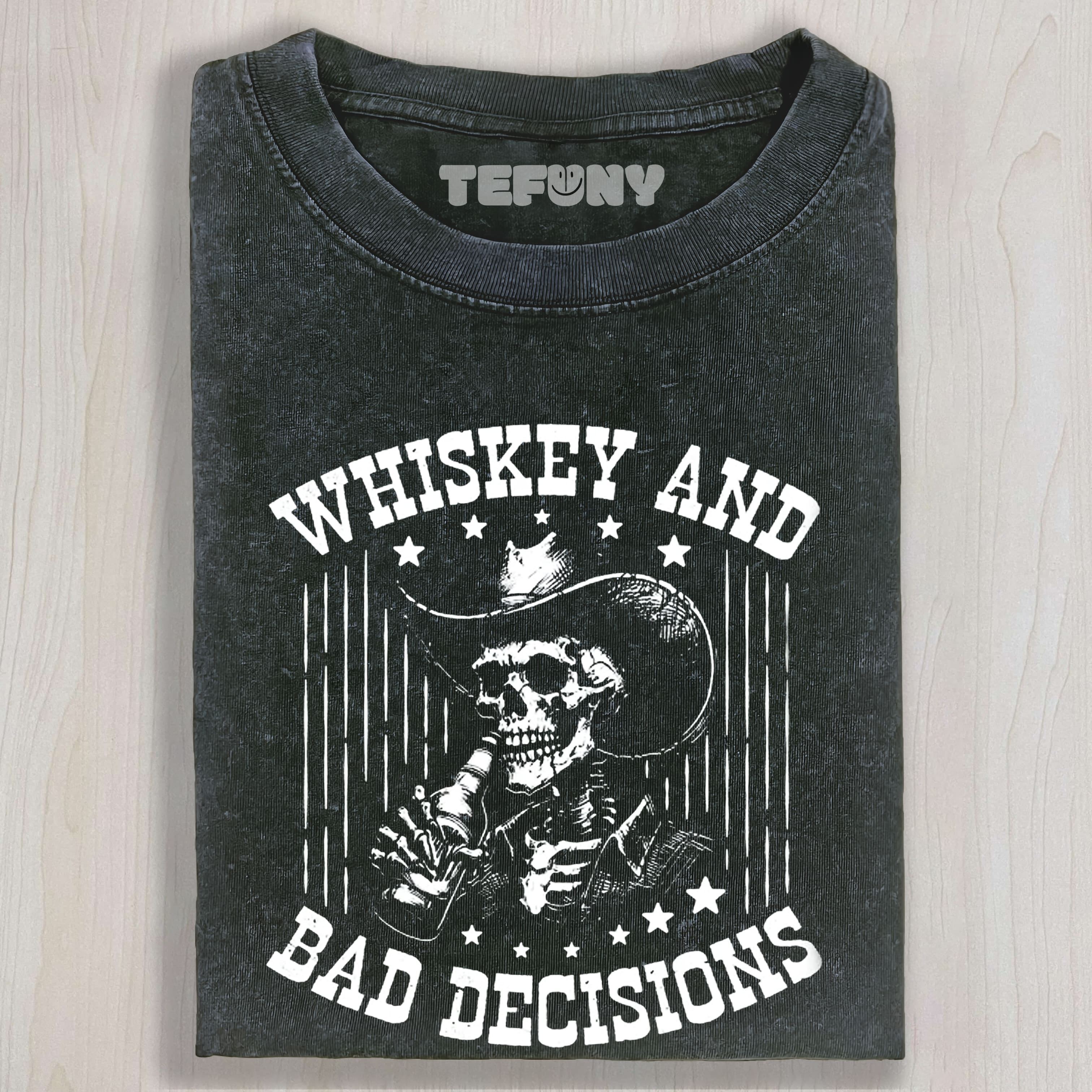RETRO FUNNY SKULL WHISKEY AND BAD DECISIONS9OS T UNISEX TEE, TANK TOP, LAYERED LS, SWEATSHIRT & HOODIE