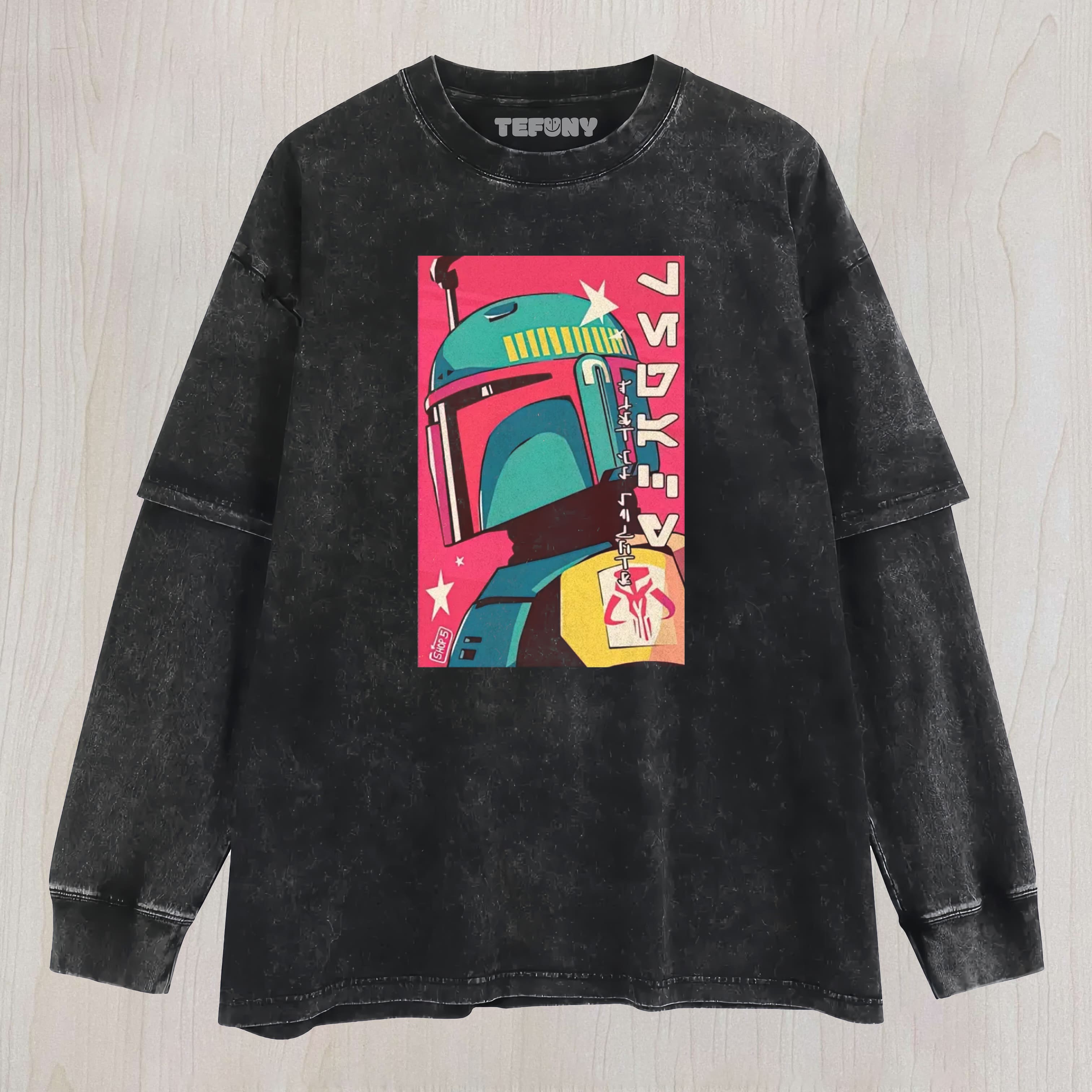 RETRO JAPANESE POP ART BOBA FETT WASHED LAYERED LONG SLEEVE