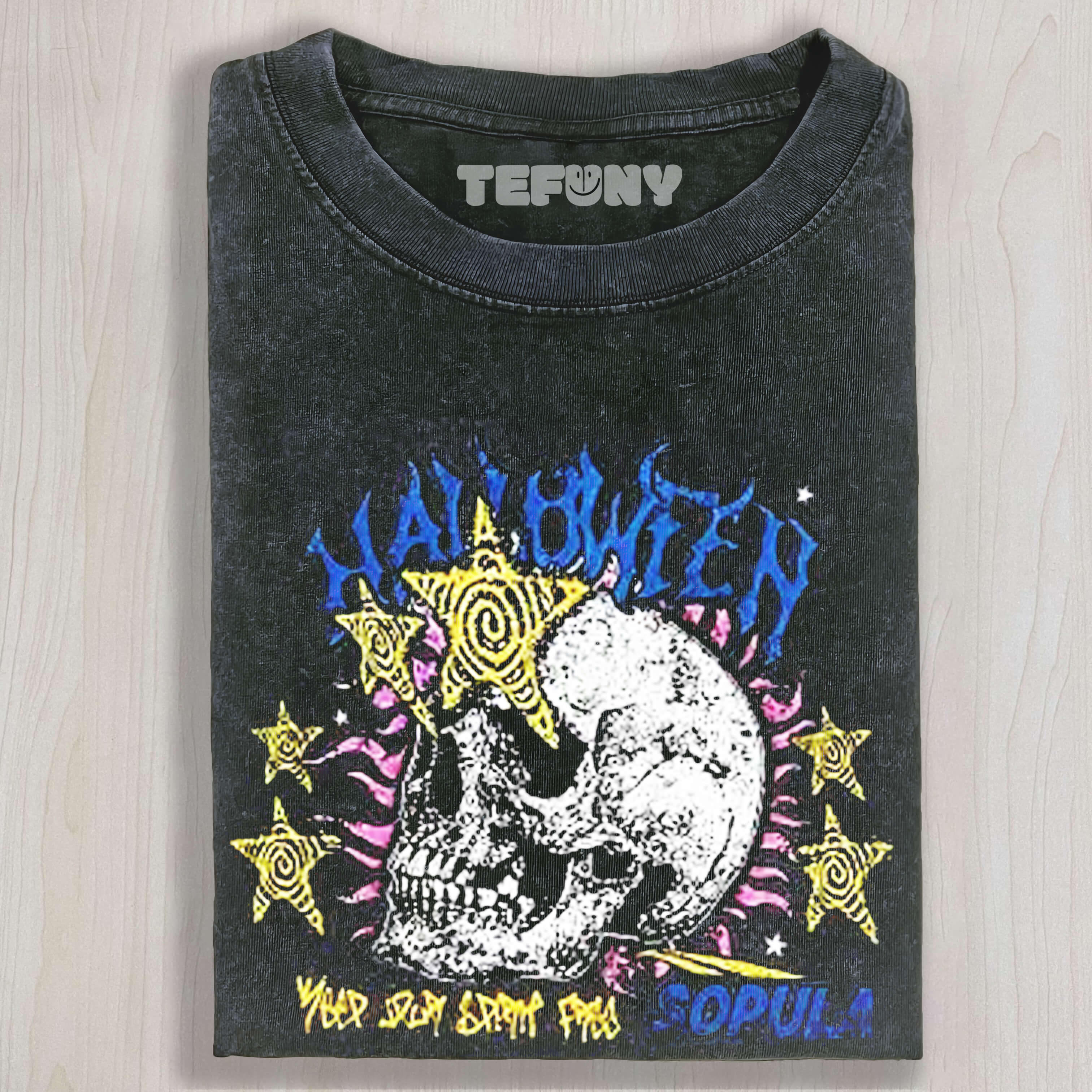 RETRO SLOGAN STAR SKULL PRINT WASHED TEE & SWEAT & HOOD