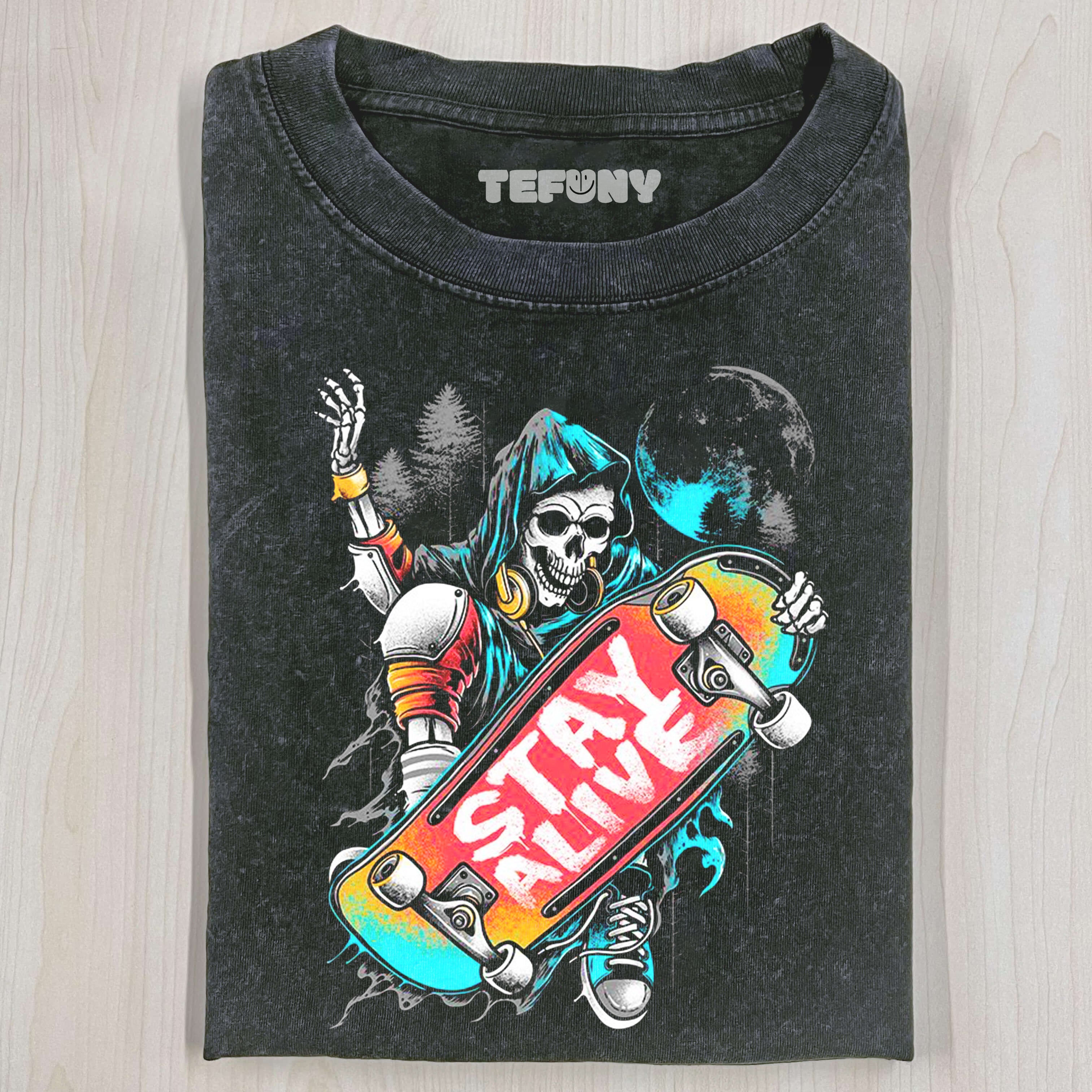 SKELETON ON SKATEBOARD T-SHIRT