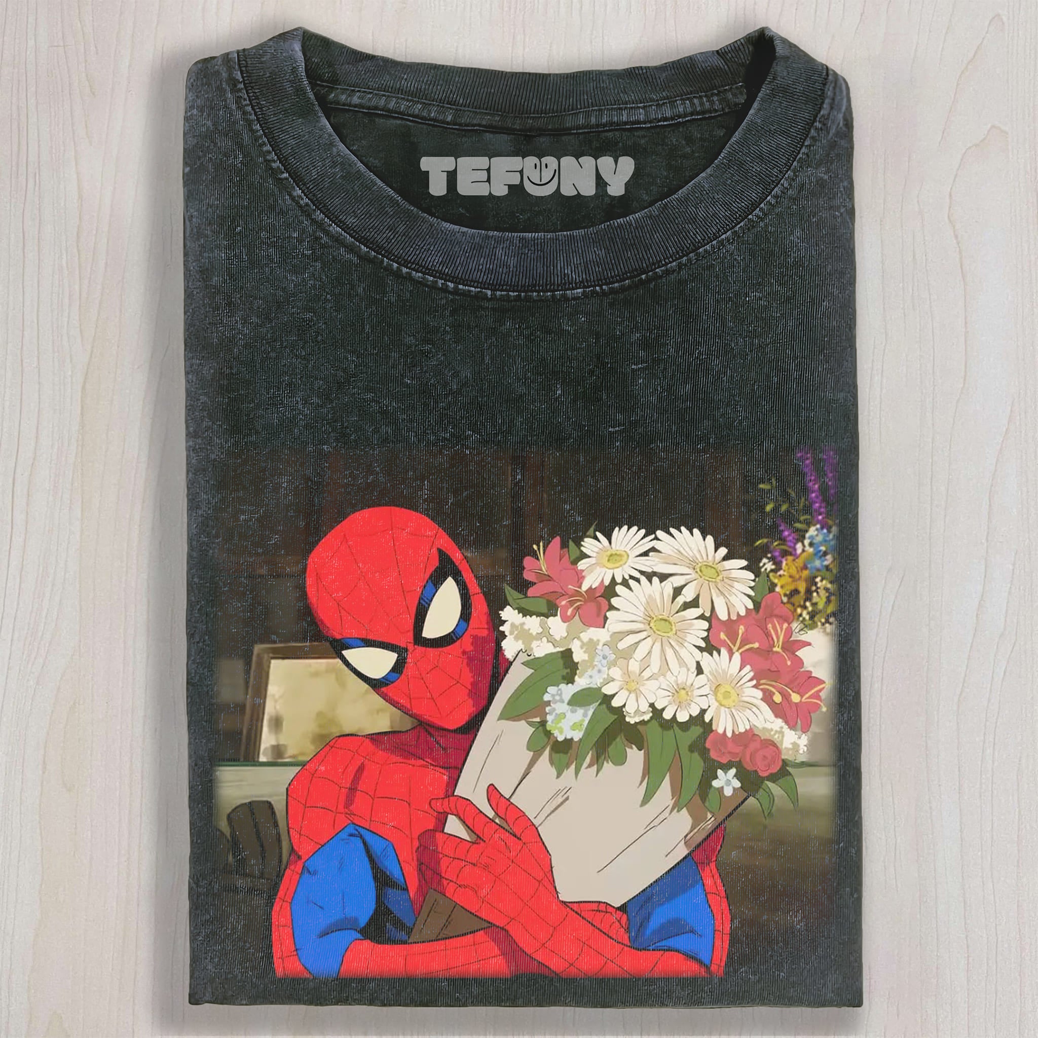 SPIDER-MAN HOLDING FLOWERS UNISEX TEE, TANK TOP, LAYERED LS, SWEATSHIRT & HOODIE