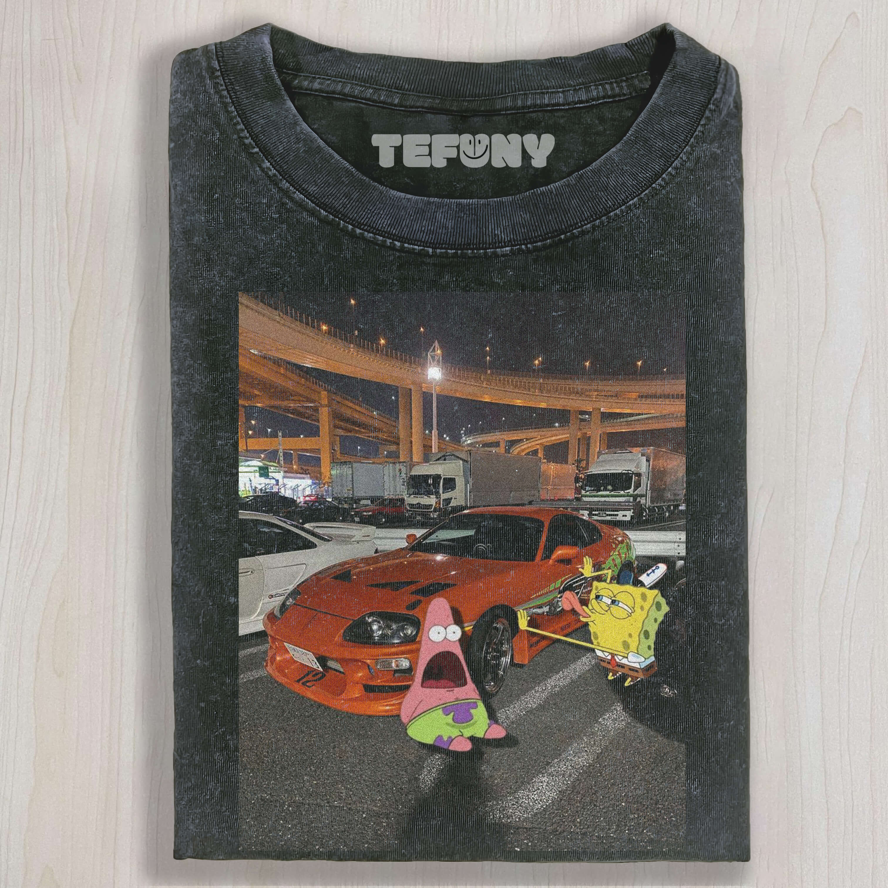 SPONGEBOB AND PATRICK ARE SITTING NEXT TO THE CAR T-SHIRT