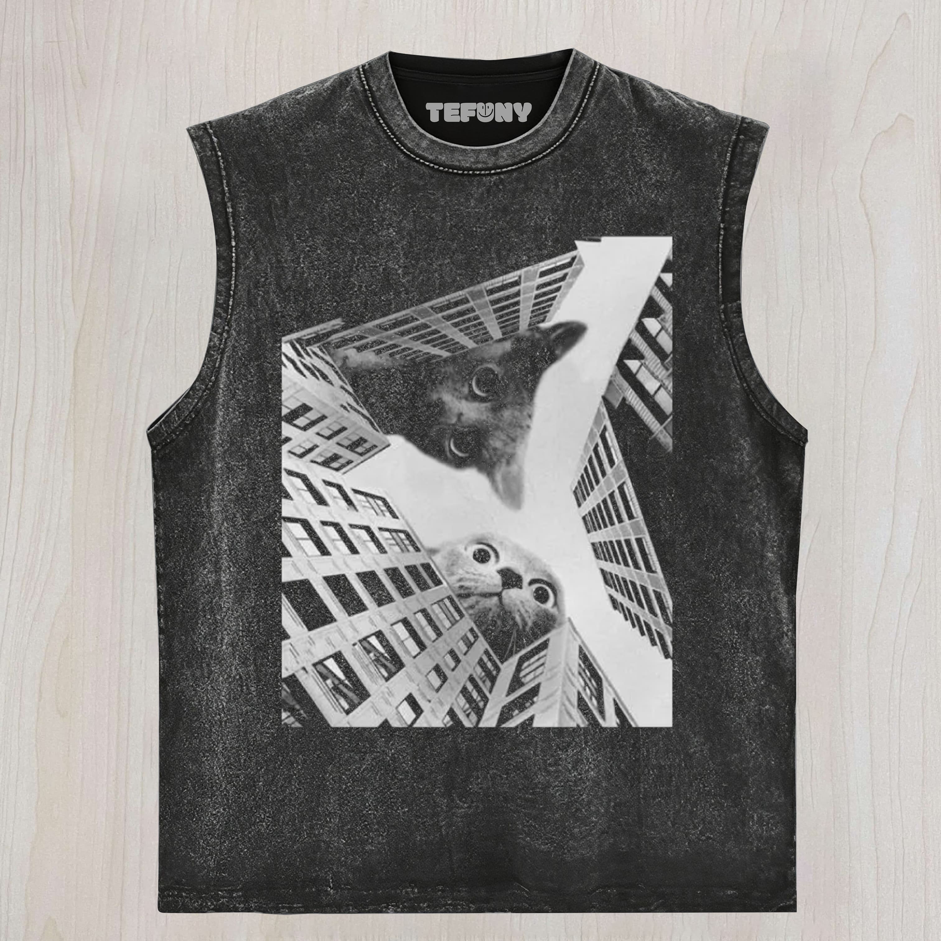 SURREAL CAT - BUILDING PATTERNED TEE, TANK TOP, LAYERED LS, SWEATSHIRT & HOODIE