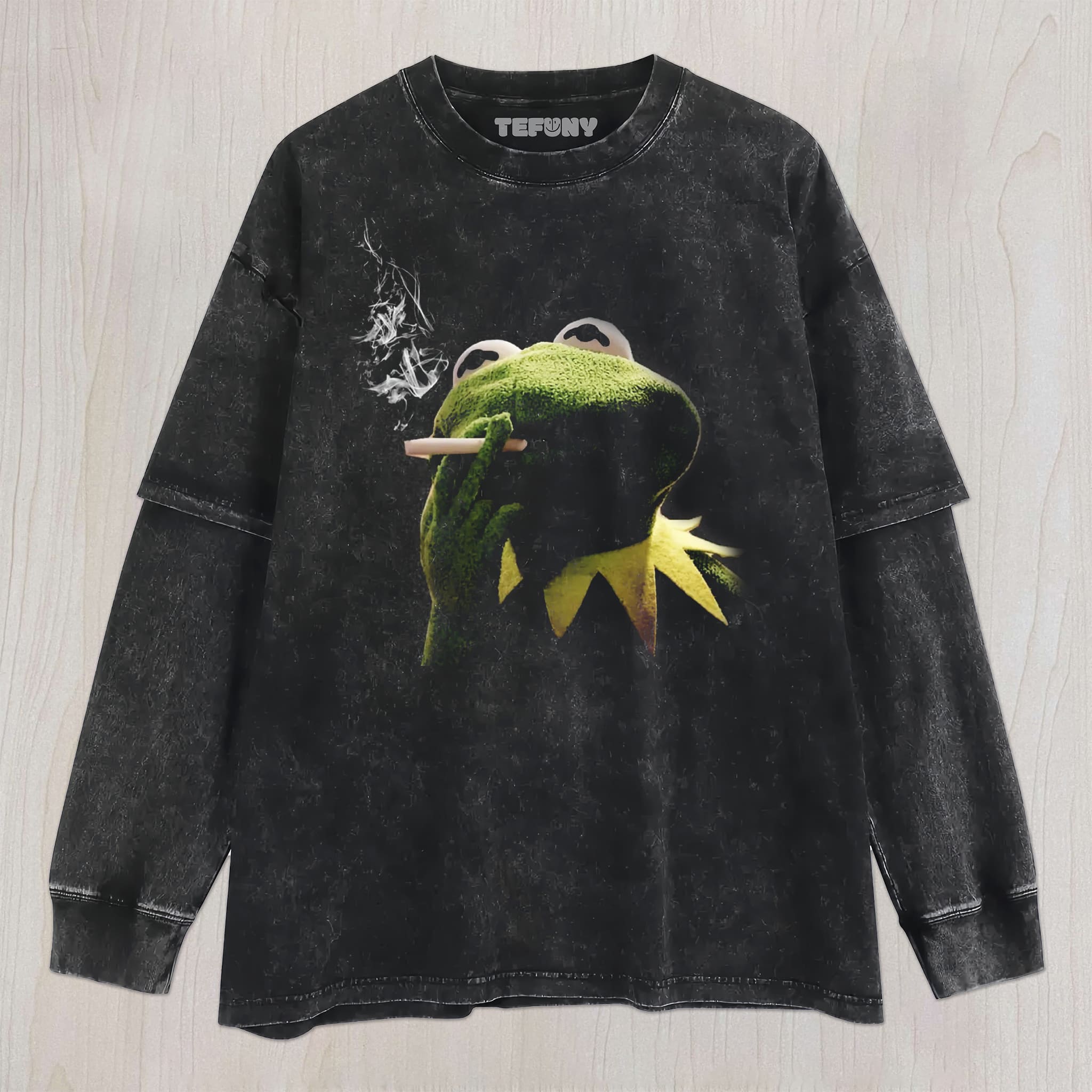 SMOKING KERMIT EDGY MUPPET UNISEX TEE, TANK TOP, LAYERED LS, SWEATSHIRT & HOODIE