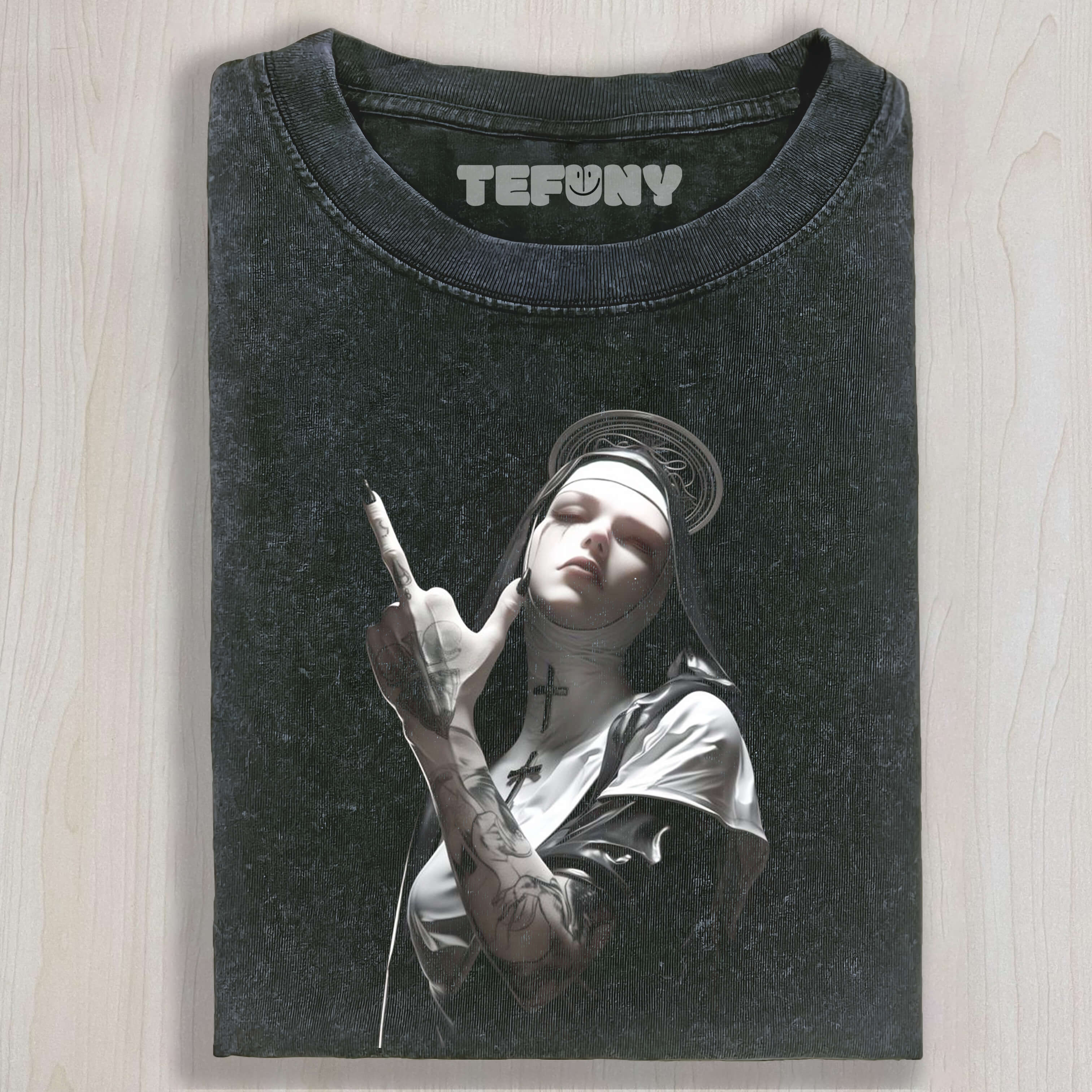 TATTOOED NUN GIVES MIDDLE FINGER TEE & SWEAT & HOOD