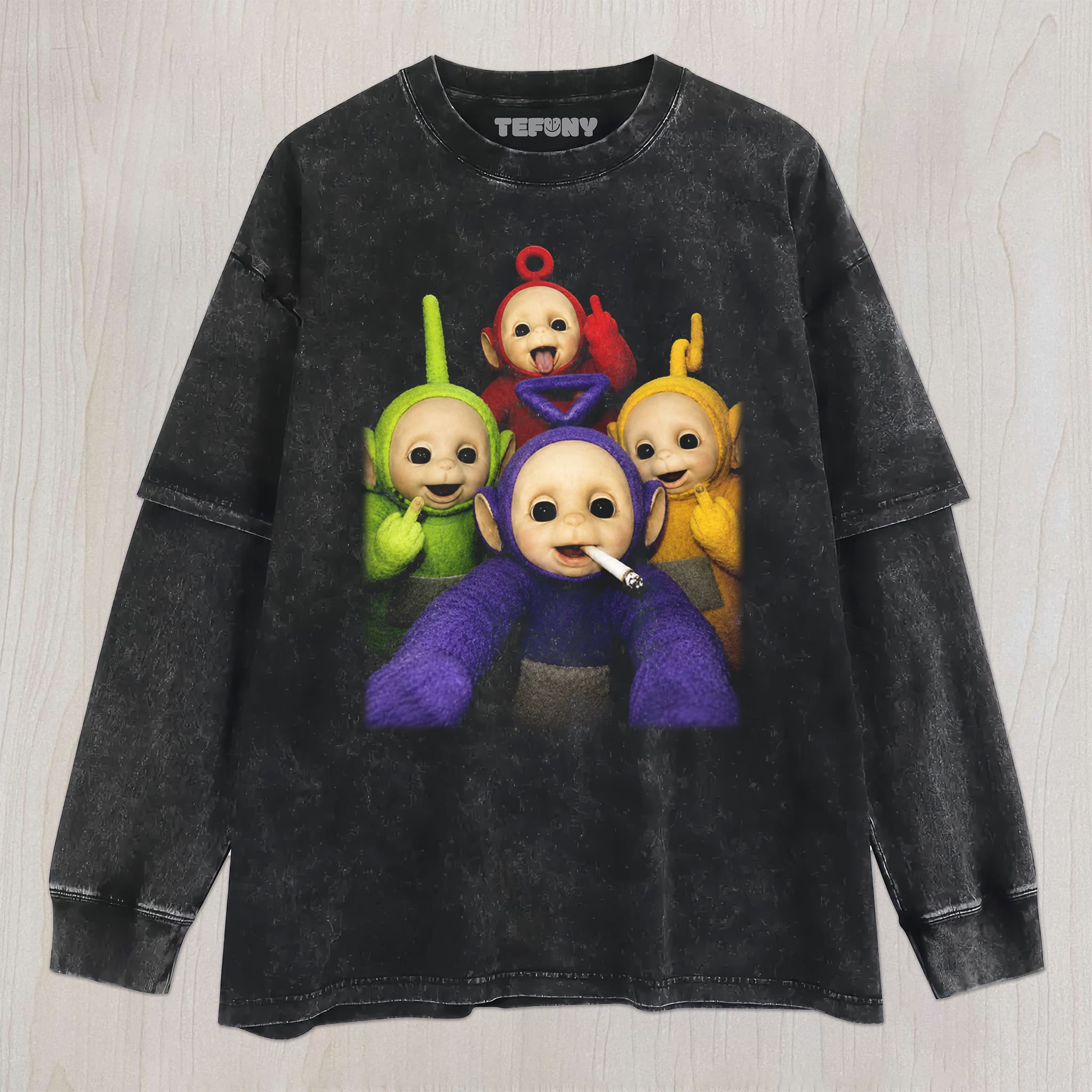 TELETUBBIES MIDDLE FINGER UNISEX TEE, TANK TOP, LAYERED LS, SWEATSHIRT & HOODIE