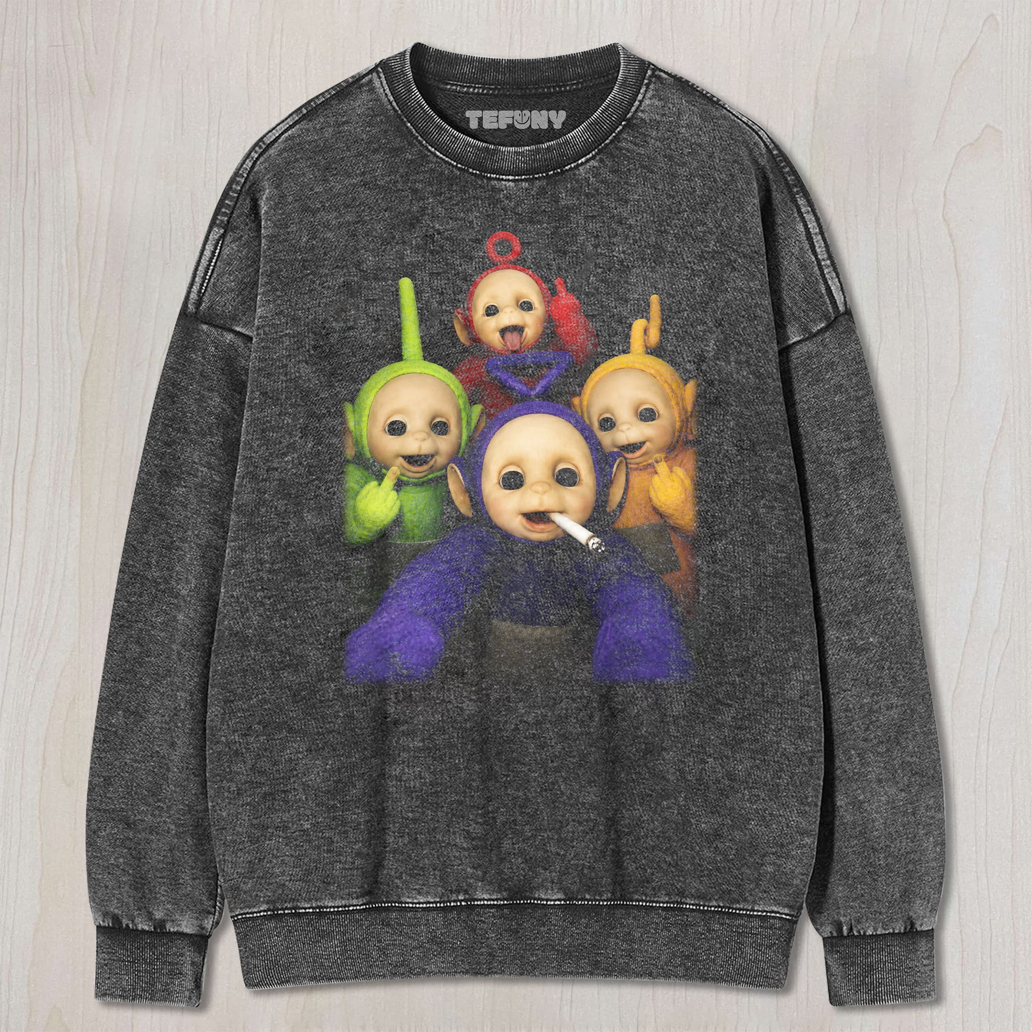 TELETUBBIES MIDDLE FINGER UNISEX TEE, TANK TOP, LAYERED LS, SWEATSHIRT & HOODIE