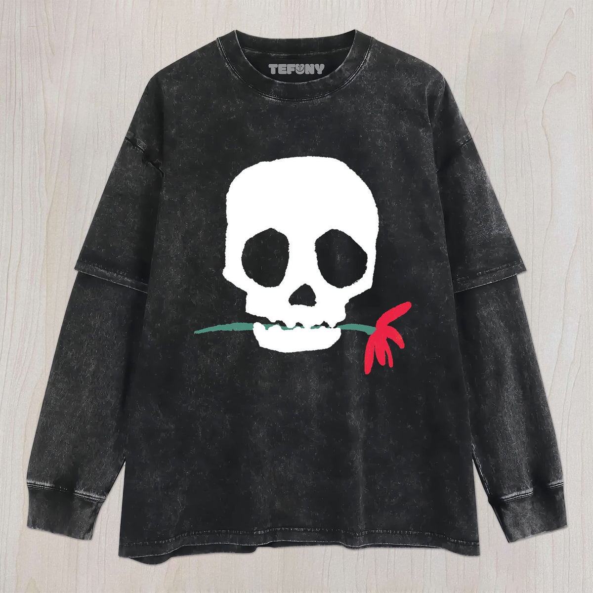 THE SKULL BITING A FLOWER UNISEX TEE, TANK TOP, LAYERED LS, SWEATSHIRT & HOODIE