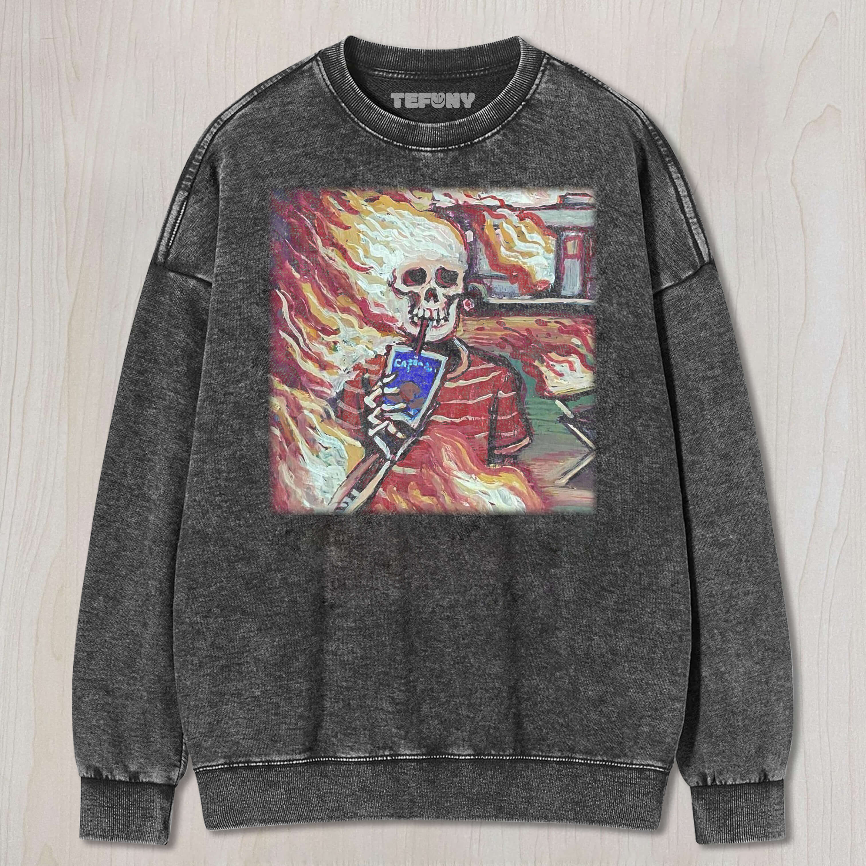 THE BURNING SKELETON DRINKING COFFEE TEE & SWEAT & HOOD