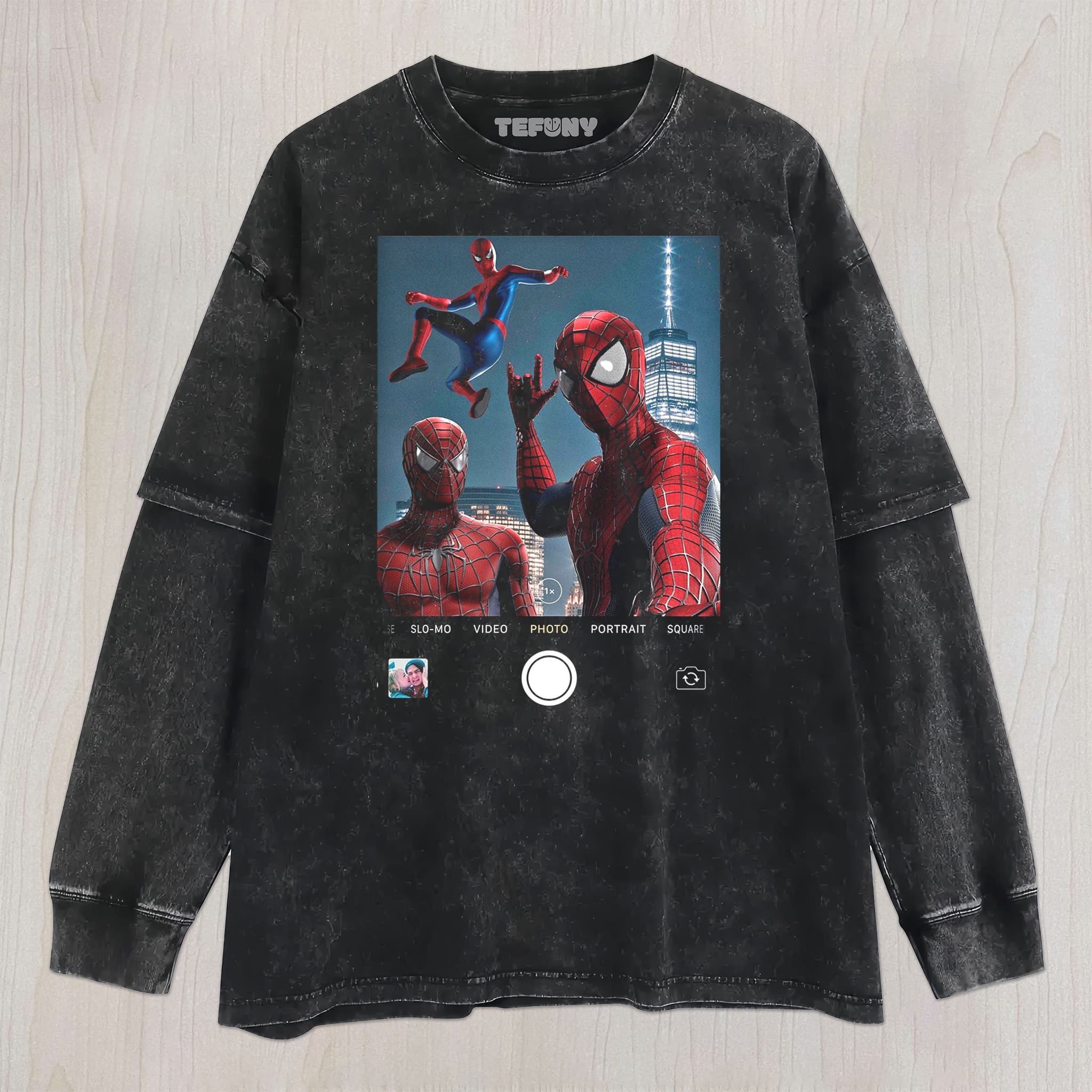 THREE SPIDER-MEN GROUP PHOTO UNISEX TEE, TANK TOP, LAYERED LS, SWEATSHIRT & HOODIE