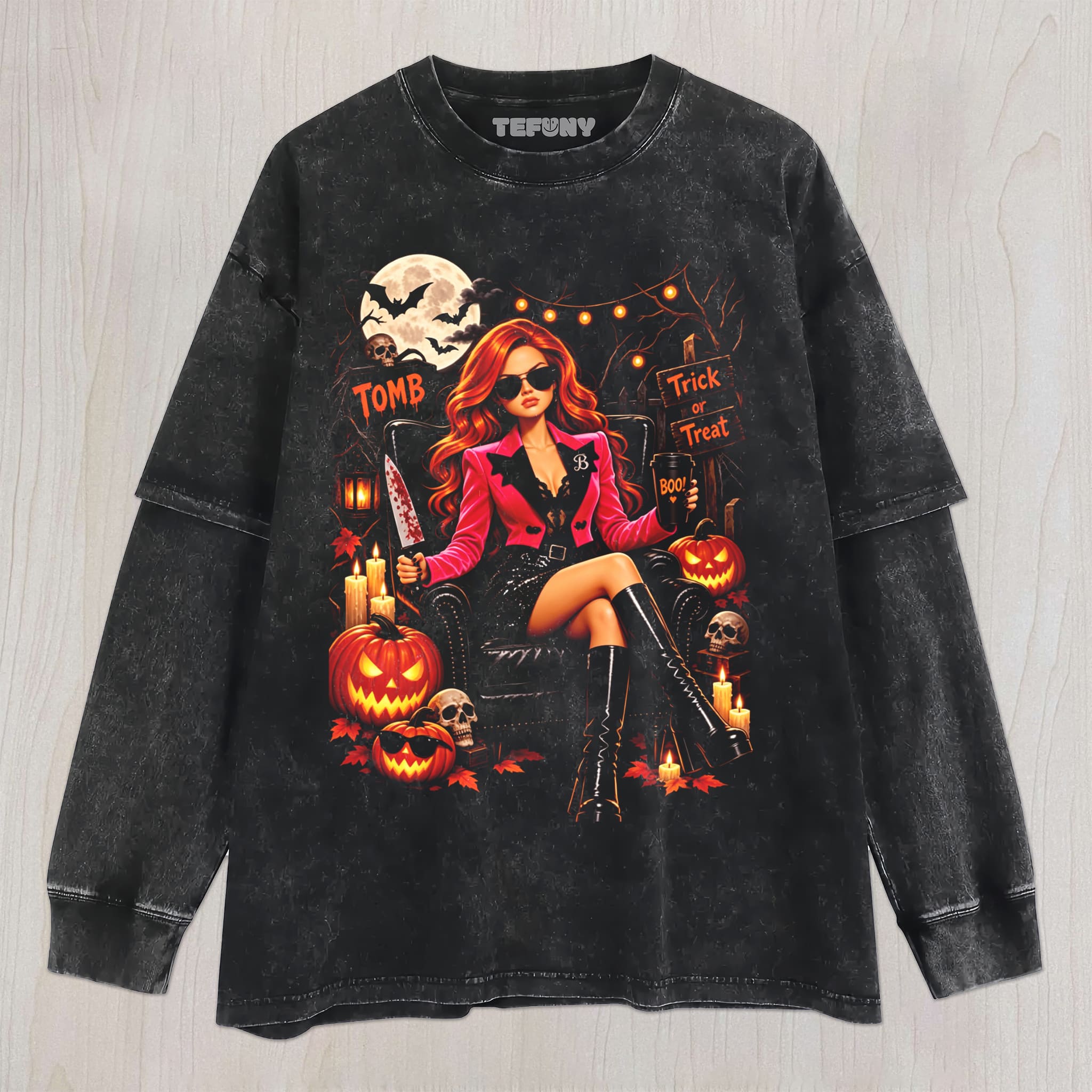TOMB BOSS HALLOWEEN GIRL UNISEX TEE, TANK TOP, LAYERED LS, SWEATSHIRT & HOODIE