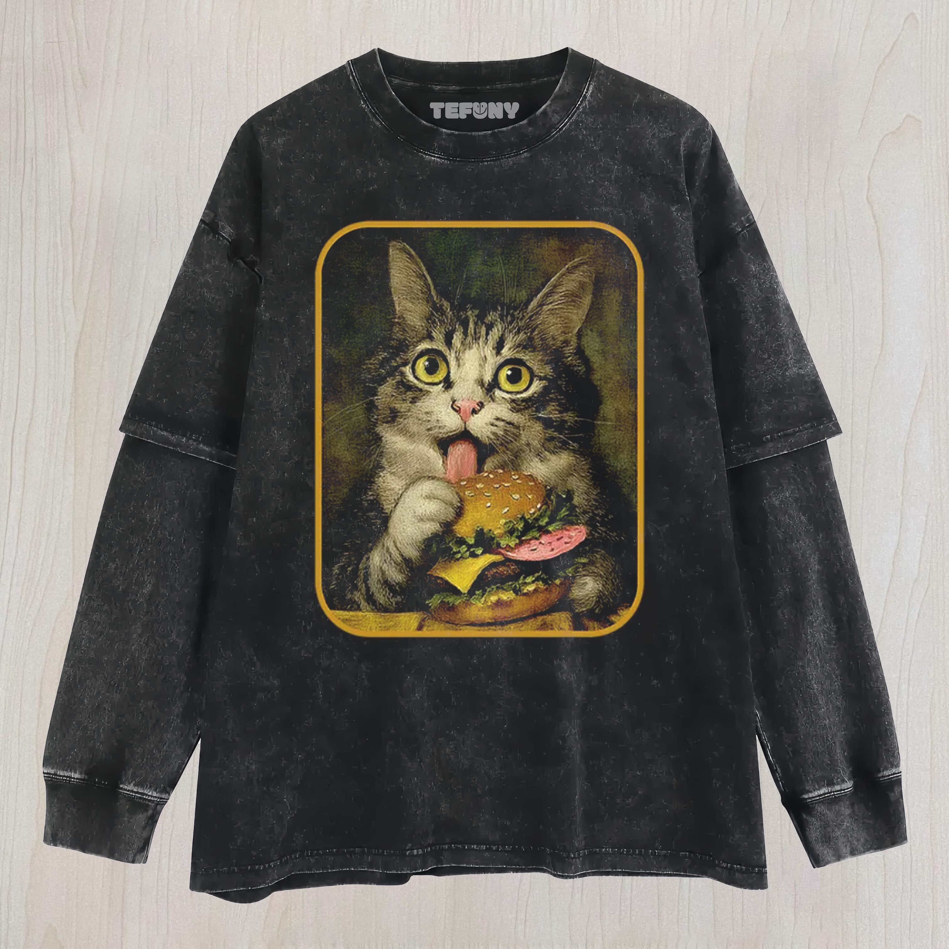 TRYING TO EAT BURGER FUNNY CUTE CAT UNISEX TEE, TANK TOP, LAYERED LS, SWEATSHIRT & HOODIE