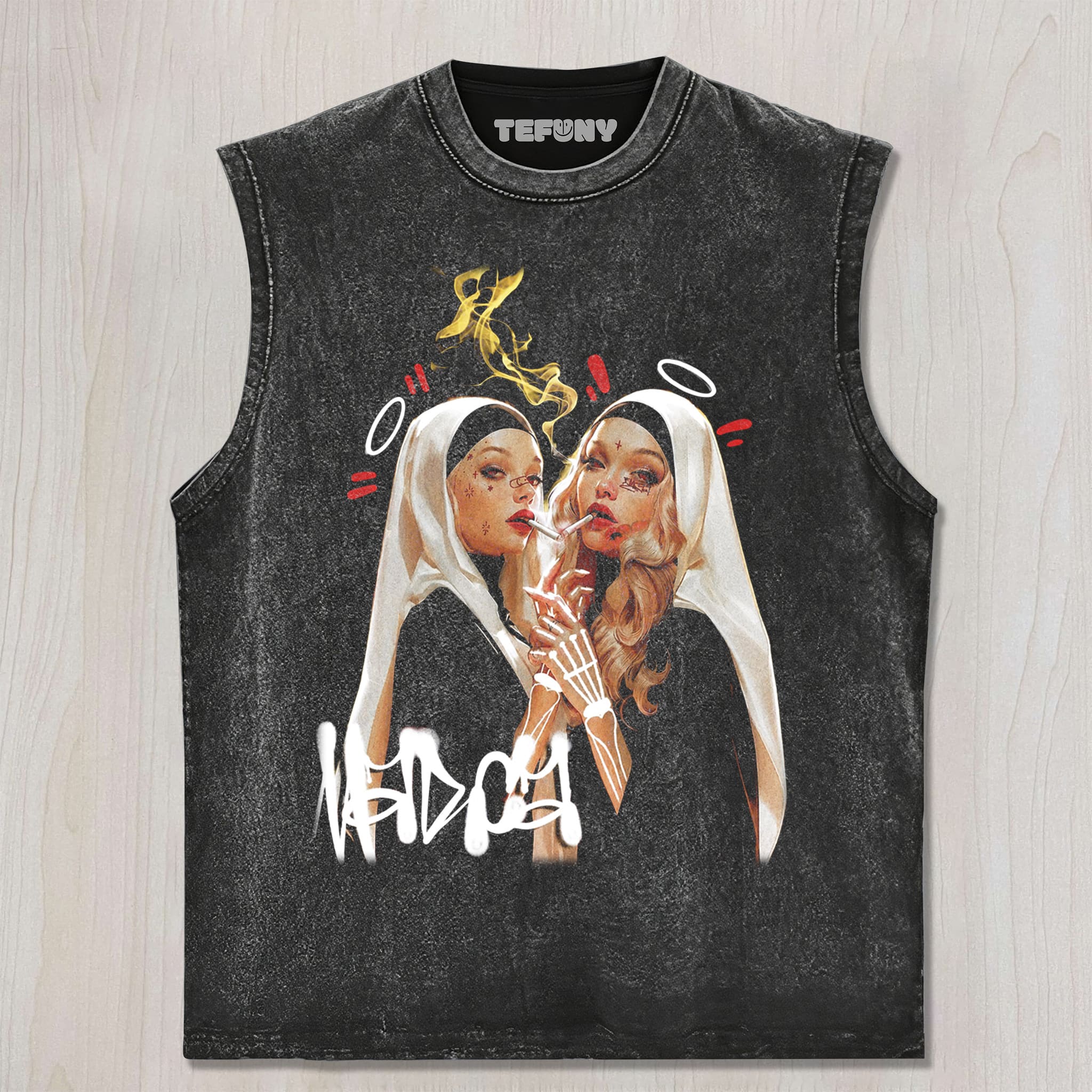 TWO SMOKING NUNS UNISEX TEE, TANK TOP, LAYERED LS, SWEATSHIRT & HOODIE
