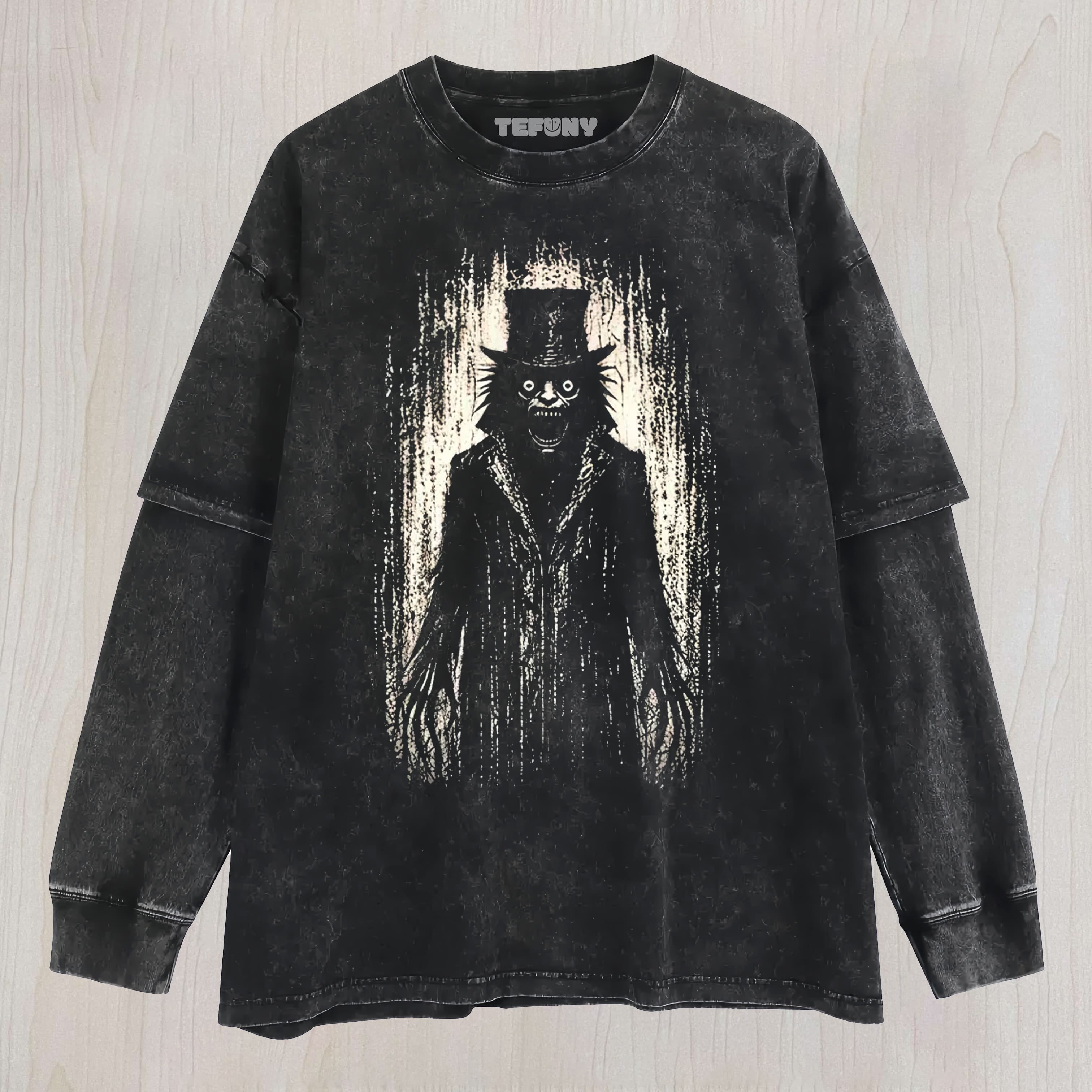 VINTAGE HORROR BABADOOK SILHOUETTE WASHED UNISEX TEE, TANK TOP, LAYERED LS, SWEATSHIRT & HOODIE