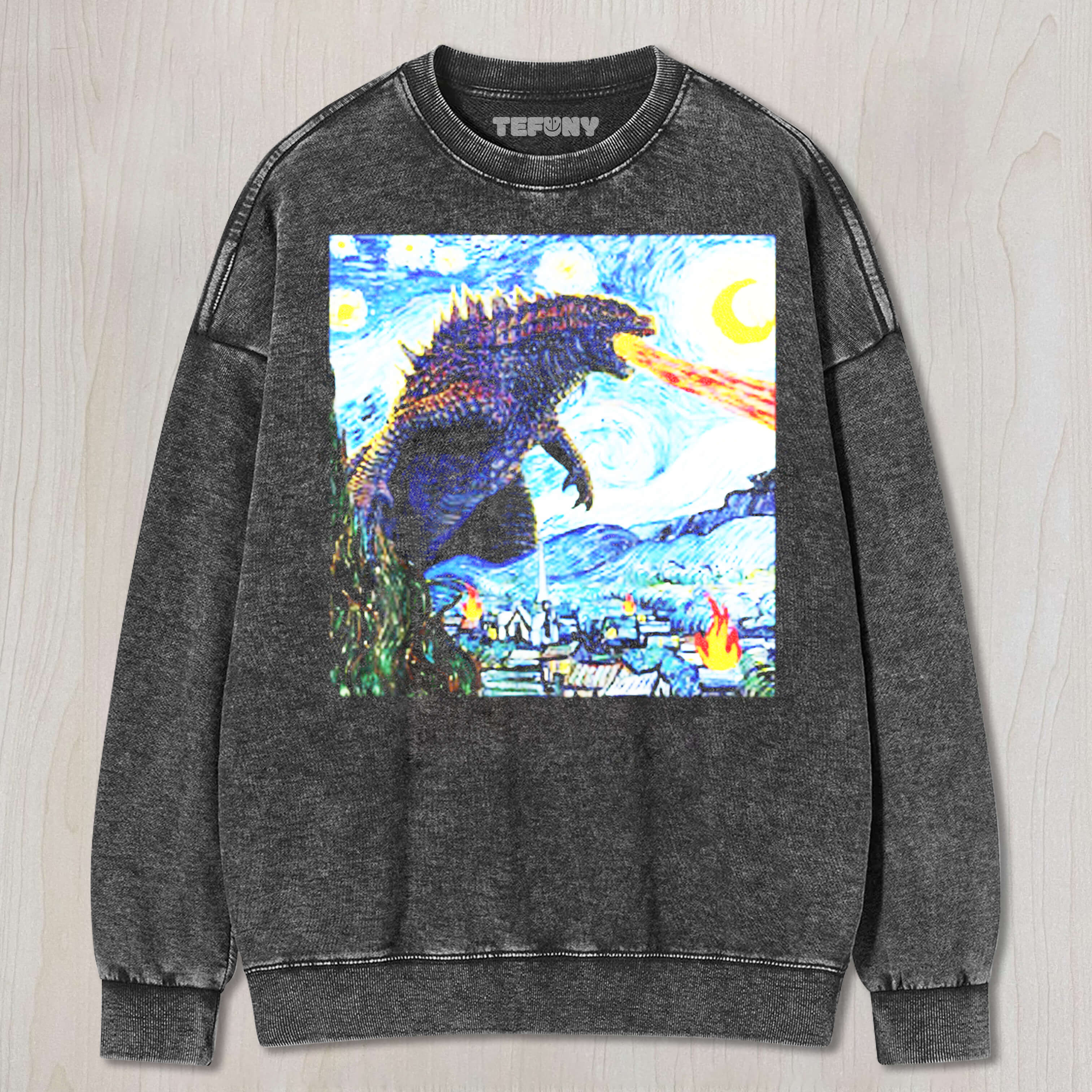 VINTAGE JAPANESE MONSTER KAIJU IN VAN GOGH STARRY NIGHT GOZILA TEE & SWEAT & HOOD